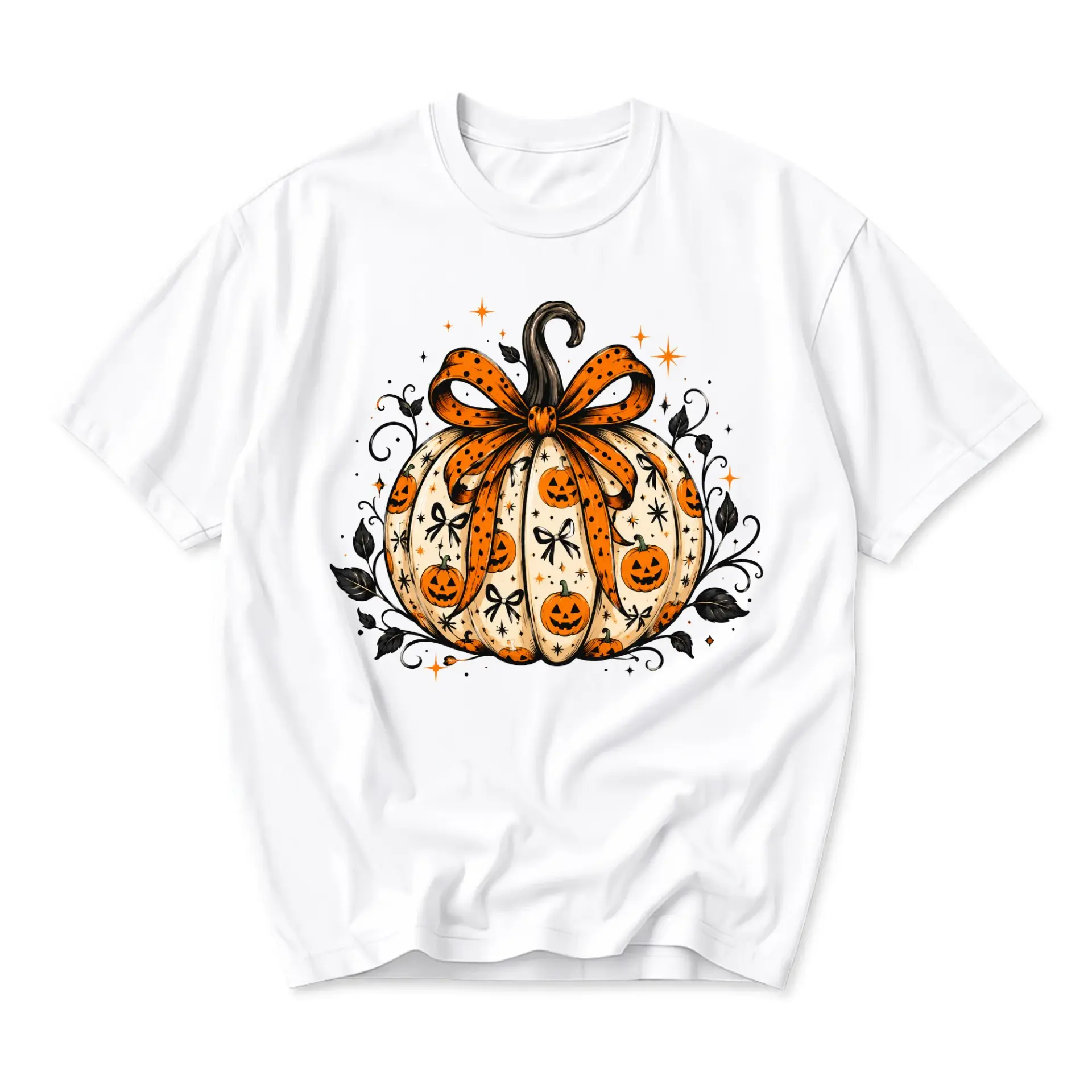 T-shirt Fall Pumpkin Graphic Tee with Decorative Bow Autumn Harvest Illustration for Casual Everyday Comfort Wear
