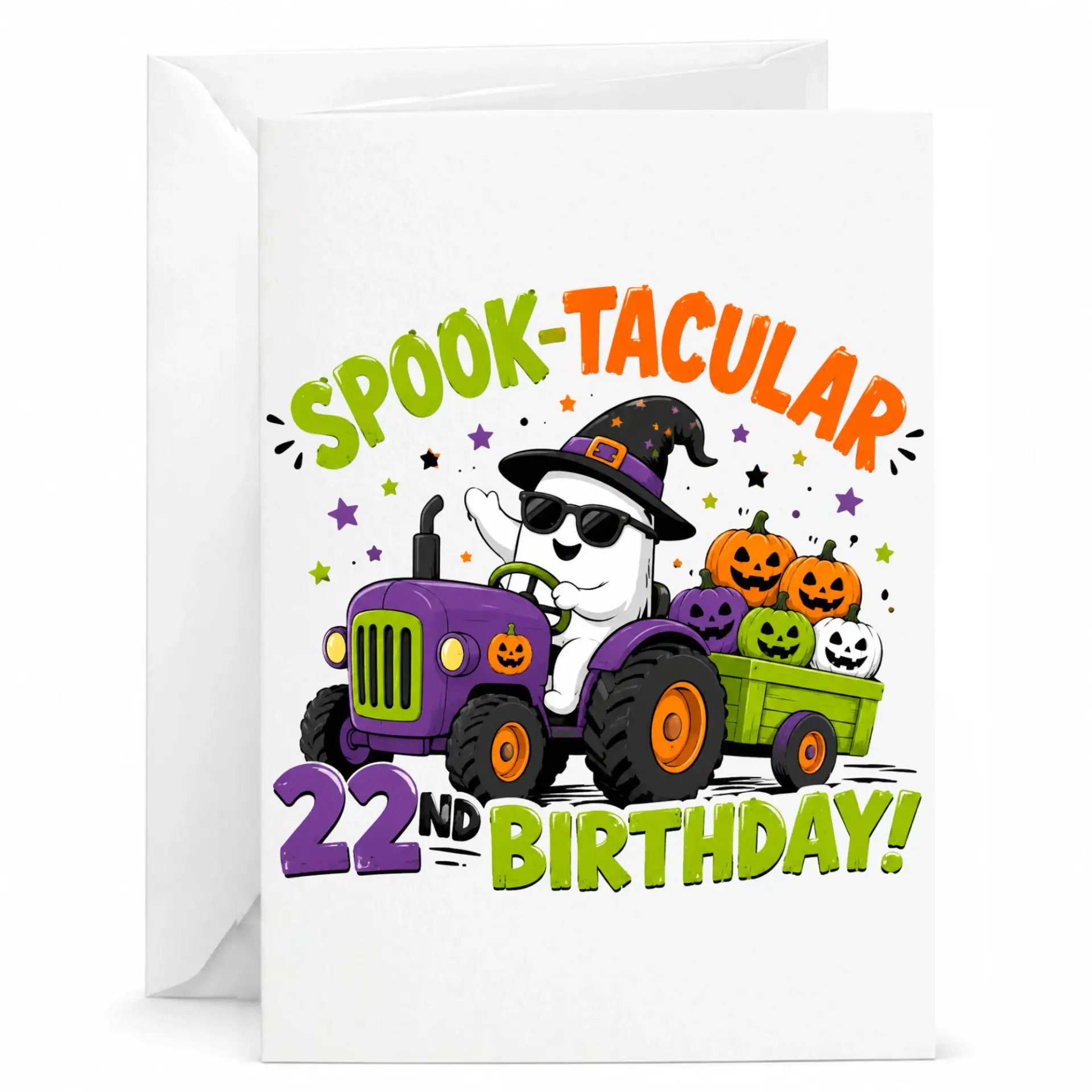 Birthday Card Spook-Tacular Ghost Driving Tractor Illustration Funny Seasonal Greeting for 22nd Birthday Celebration
