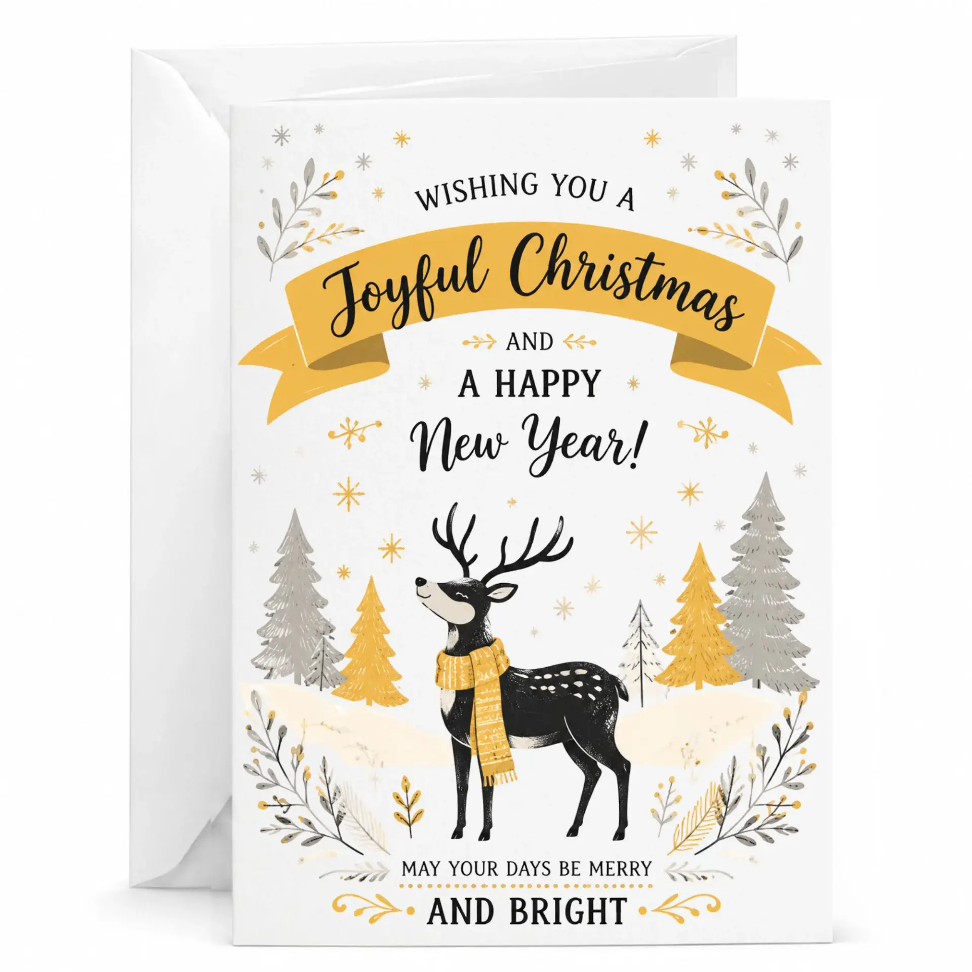 Greeting Card Joyful Christmas and Happy New Year Festive Reindeer Design with Elegant Gold and Grey Winter Artwork