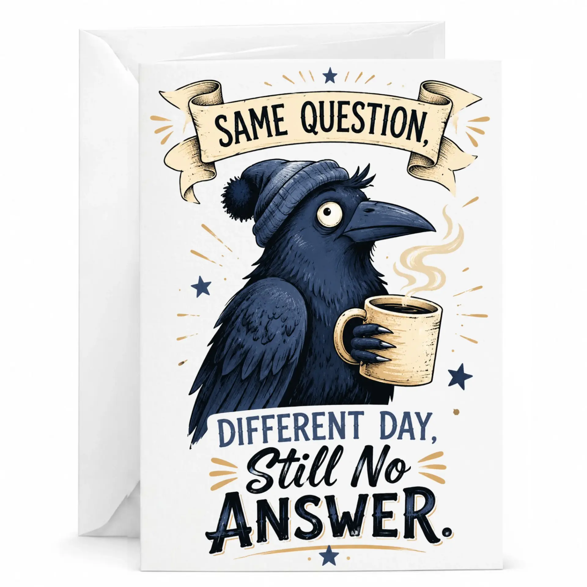 Funny Coffee Greeting Card for Coworkers and Friends Whimsical Bird Illustration with Cup Humorous Quote Blank Note Office Humor