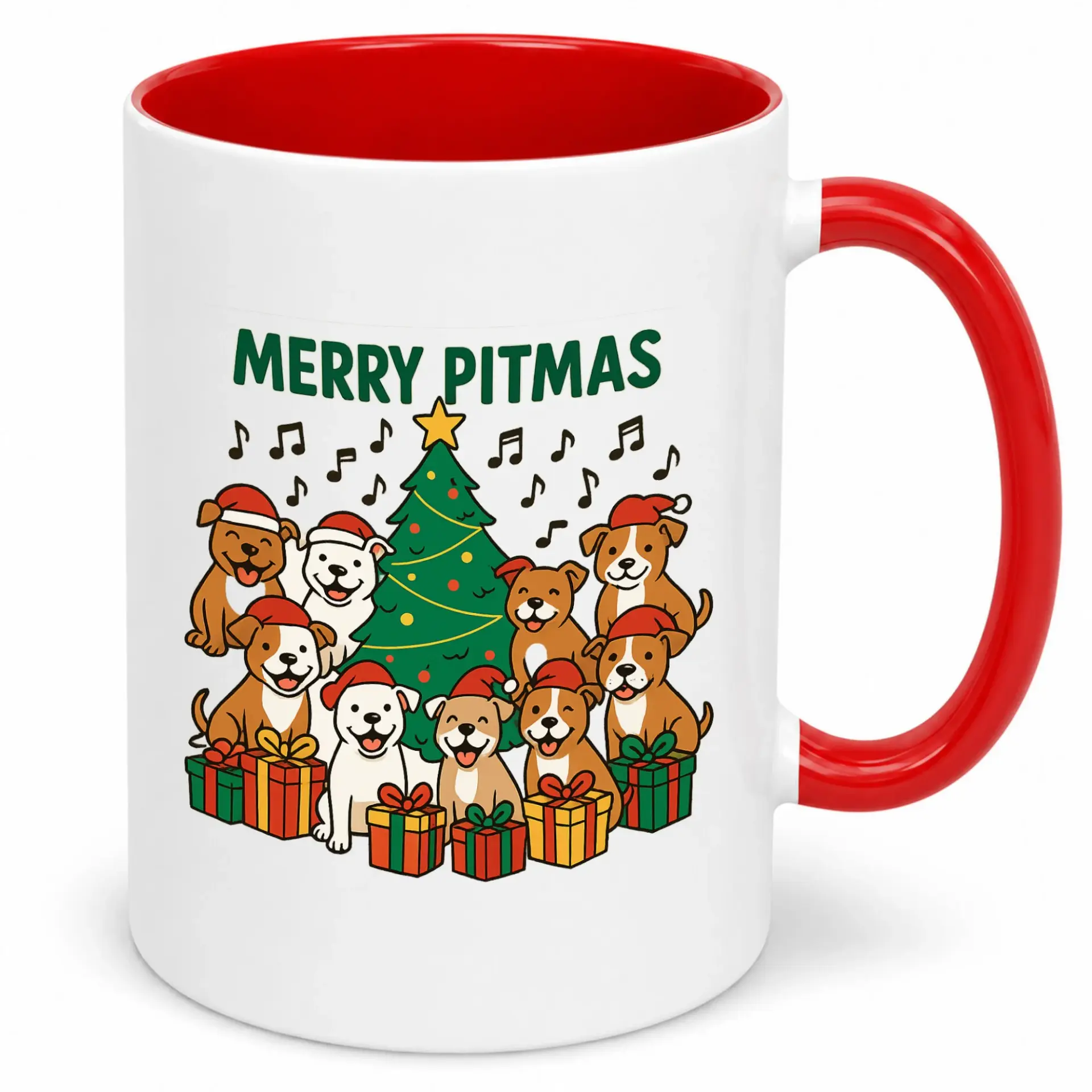 Funny Christmas Pitbull Dog Ceramic Coffee Mug with Merry Pitmas Cartoon Puppy Design, Holiday Themed Gift for Animal Lovers