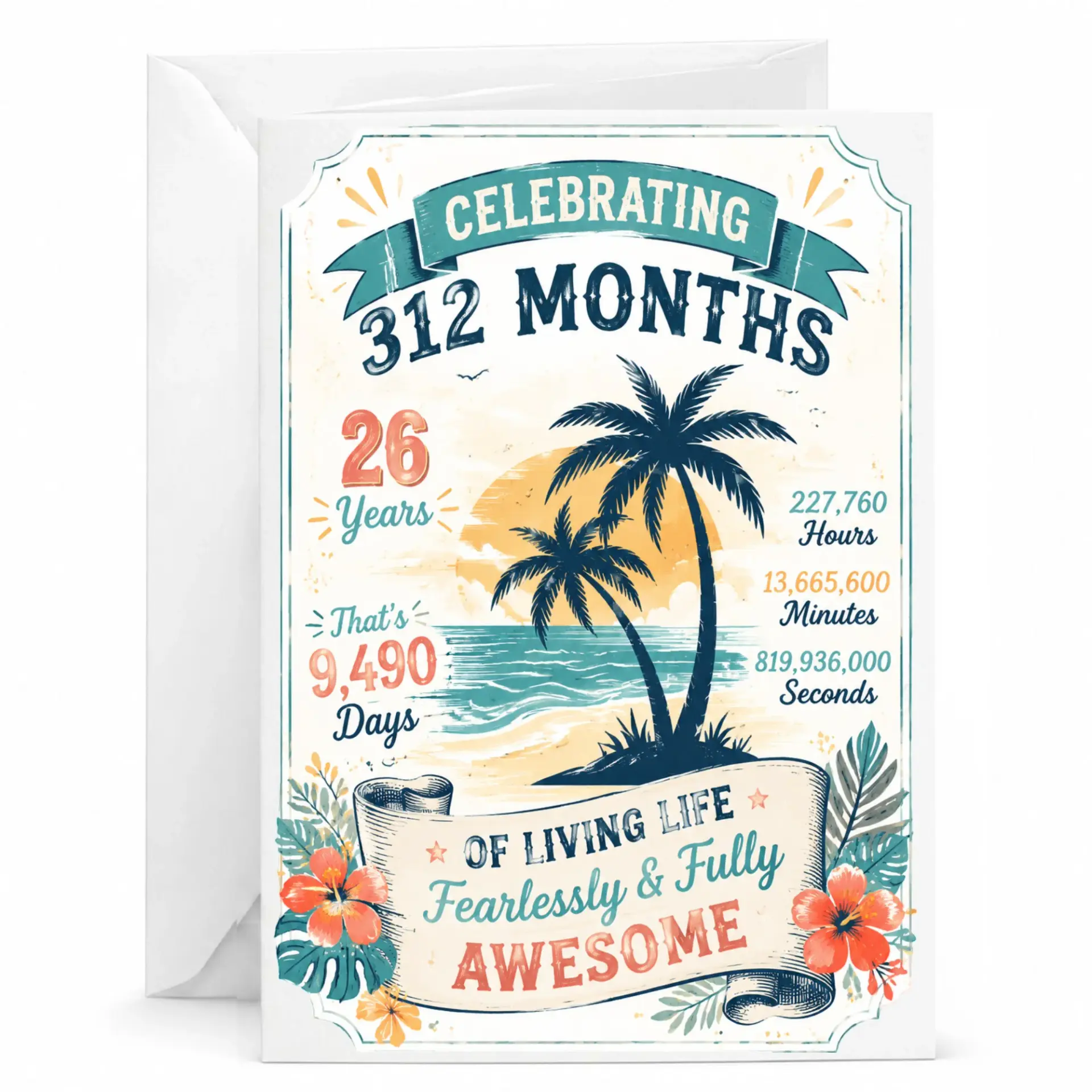 Birthday Card Celebrating 312 Months of Living Life Fearlessly and Fully Awesome Tropical Sunset Milestone Design