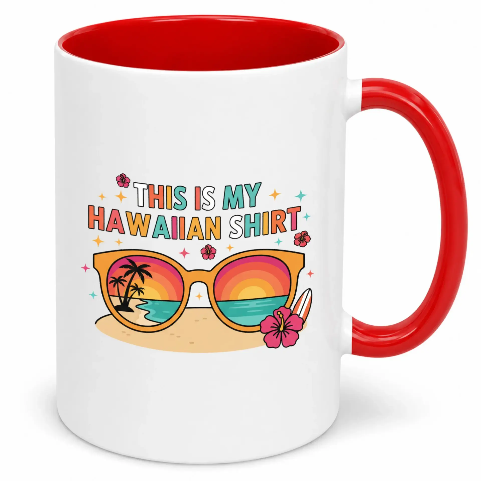 Funny Tropical Hawaiian Shirt Coffee Mug with Beach Sunset Design, Premium White Ceramic Cup for Relaxing Drinks