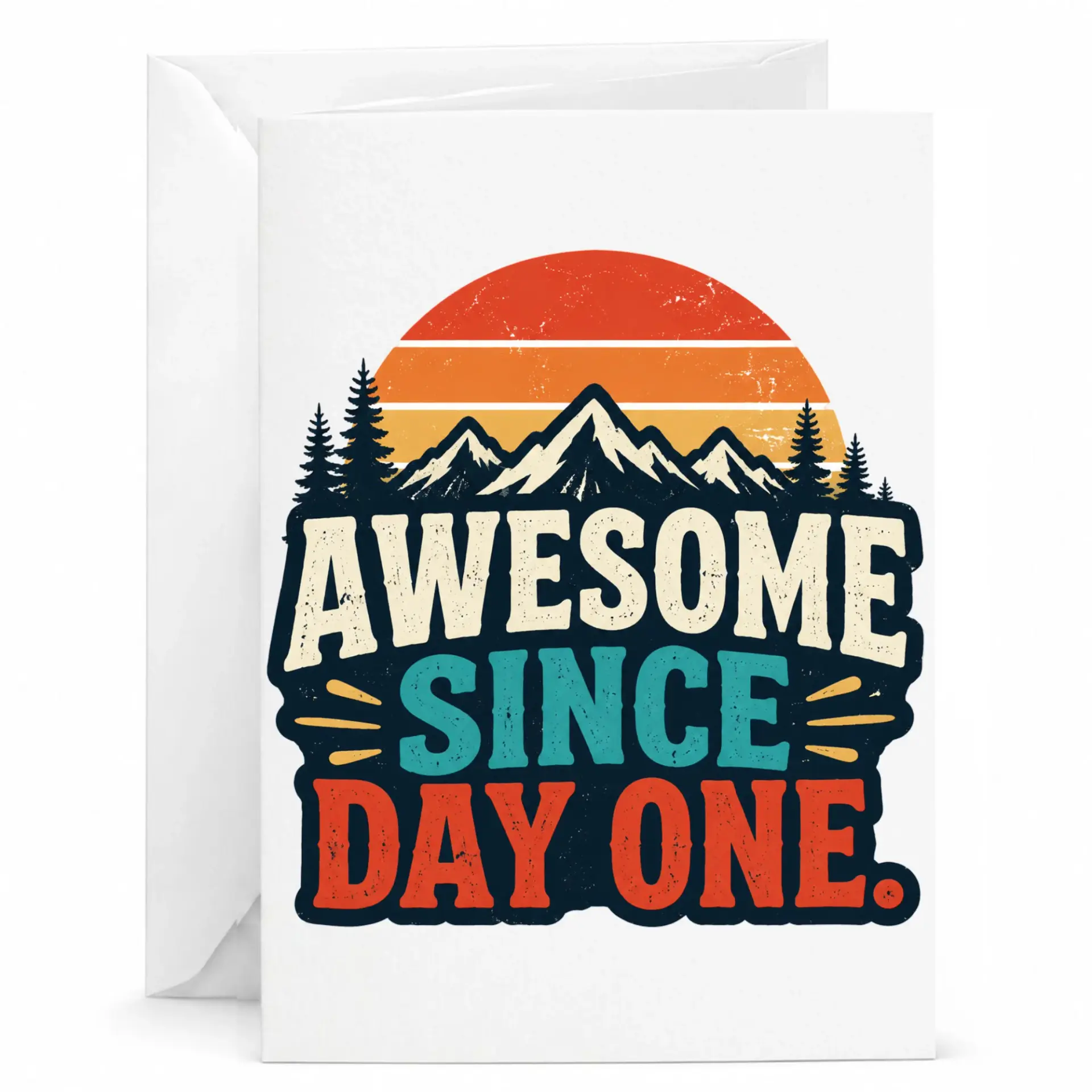 Birthday Card Awesome Since Day One Vintage Mountain Sunset Graphic Greeting Card for Milestone Celebrations