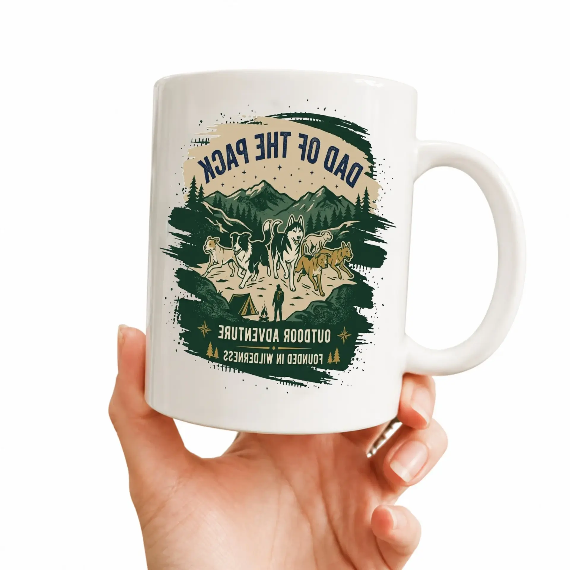 Dad of Outdoor Adventure Two Coffee Mug Wilderness Theme Graphic Cup for Nature Lovers and Pet Owners