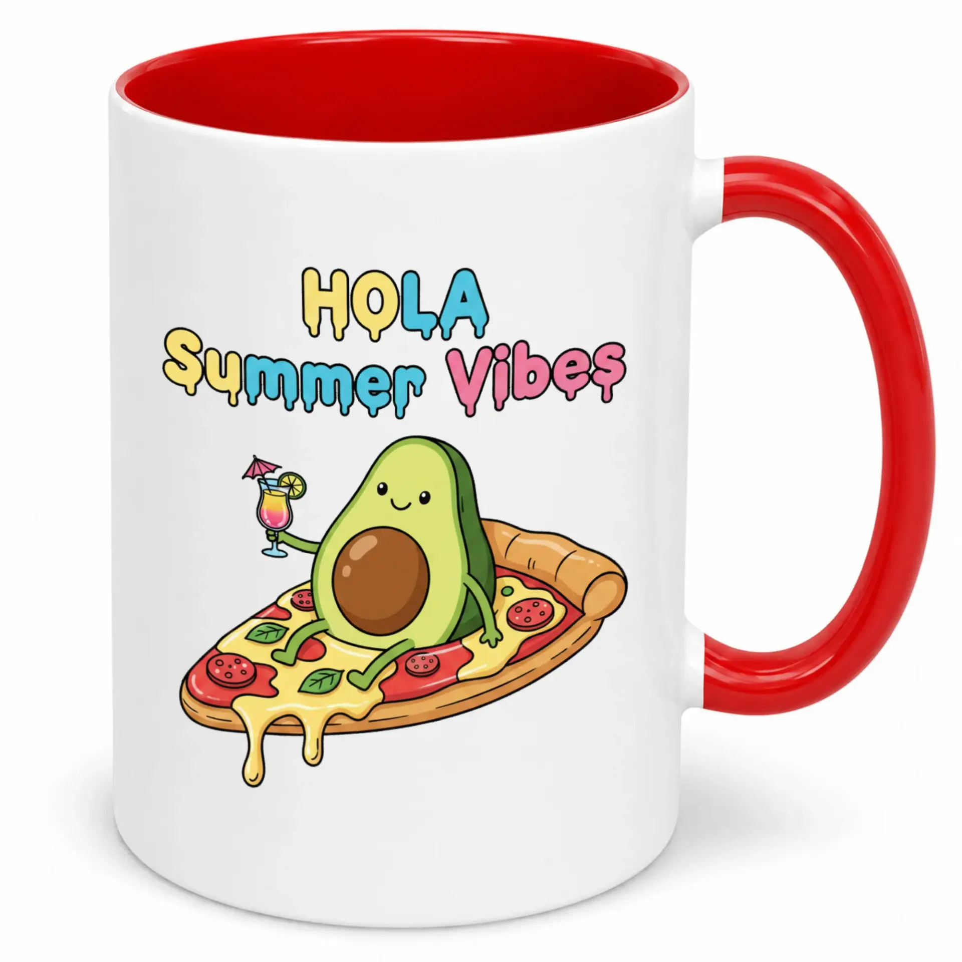 Funny Coffee Mug with "hola Summer Vibes" Avocado on Pizza Design, Colorful Ceramic Drinkware for Hot Beverages, Novelty Kitchen Gift Idea