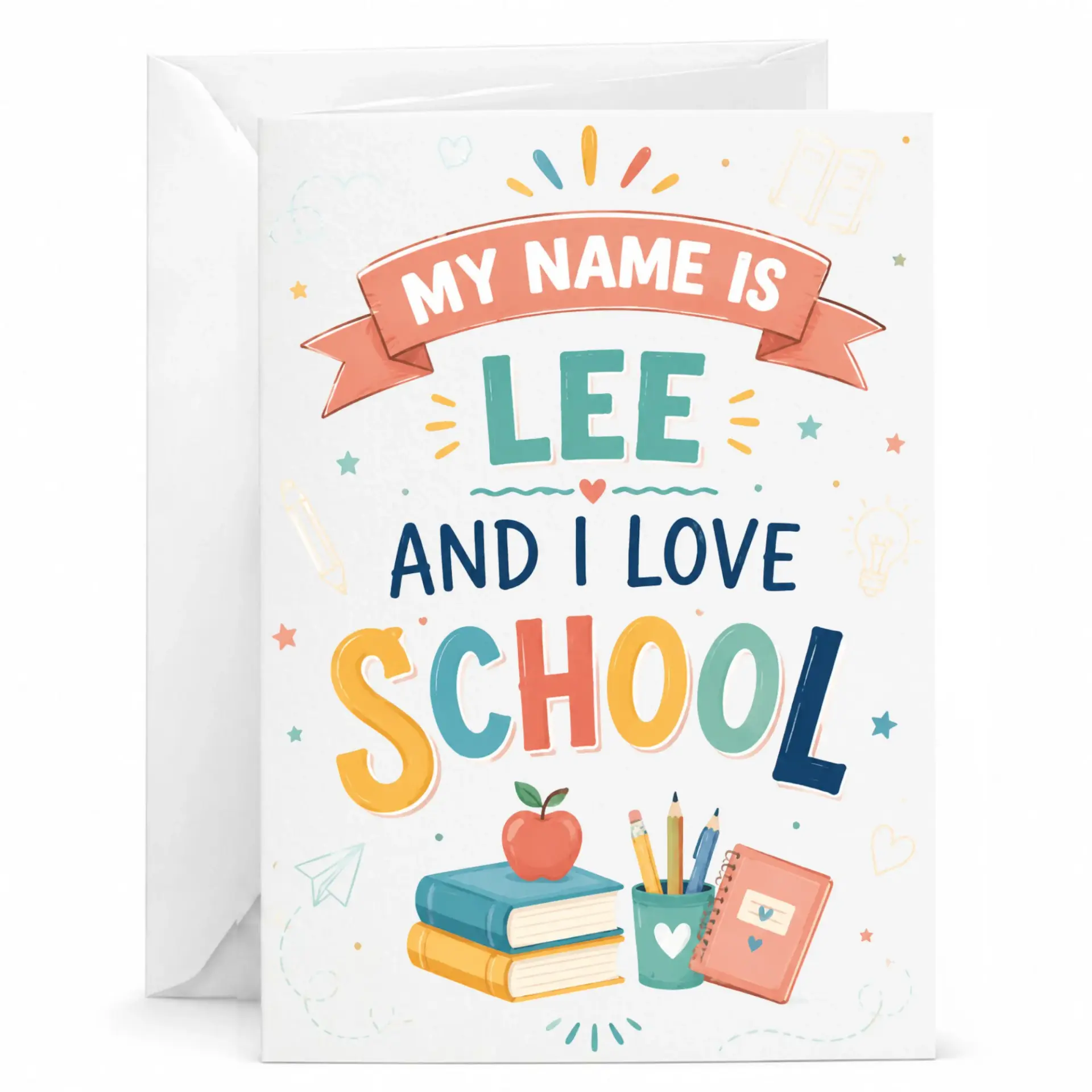 Greeting Card My Name Is and I Love School Design for Personal Messages Notes on Heavyweight Cardstock