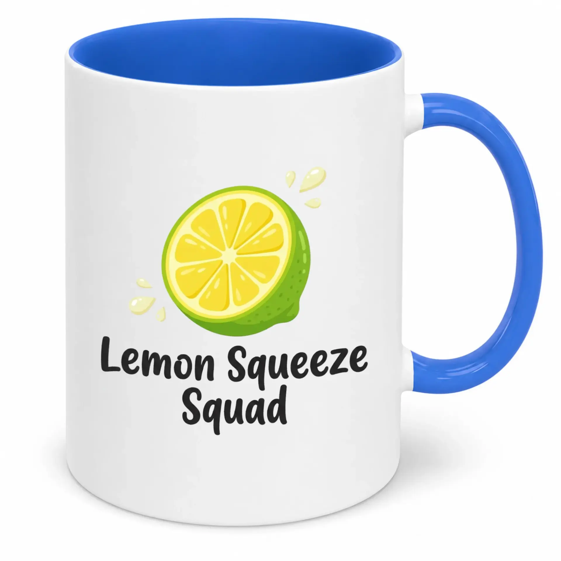 Funny Coffee Mug Lemon Squeeze Squad Design White Ceramic Cup with Blue Handle & Interior for Citrus Drink Enthusiasts