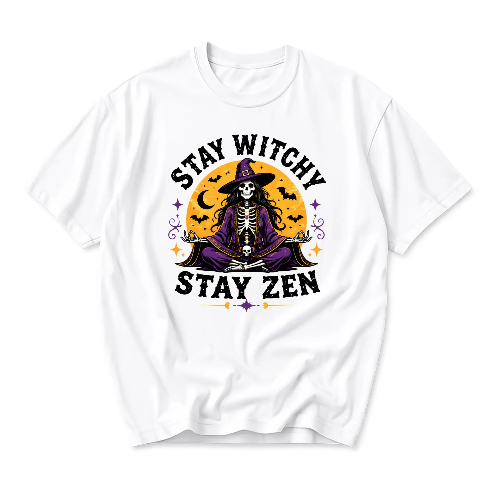 Graphic Tee Stay Witchy Stay Zen Skeleton Meditating Yoga Design Unisex Casual Crew Neck Comfortable Cotton Shirt