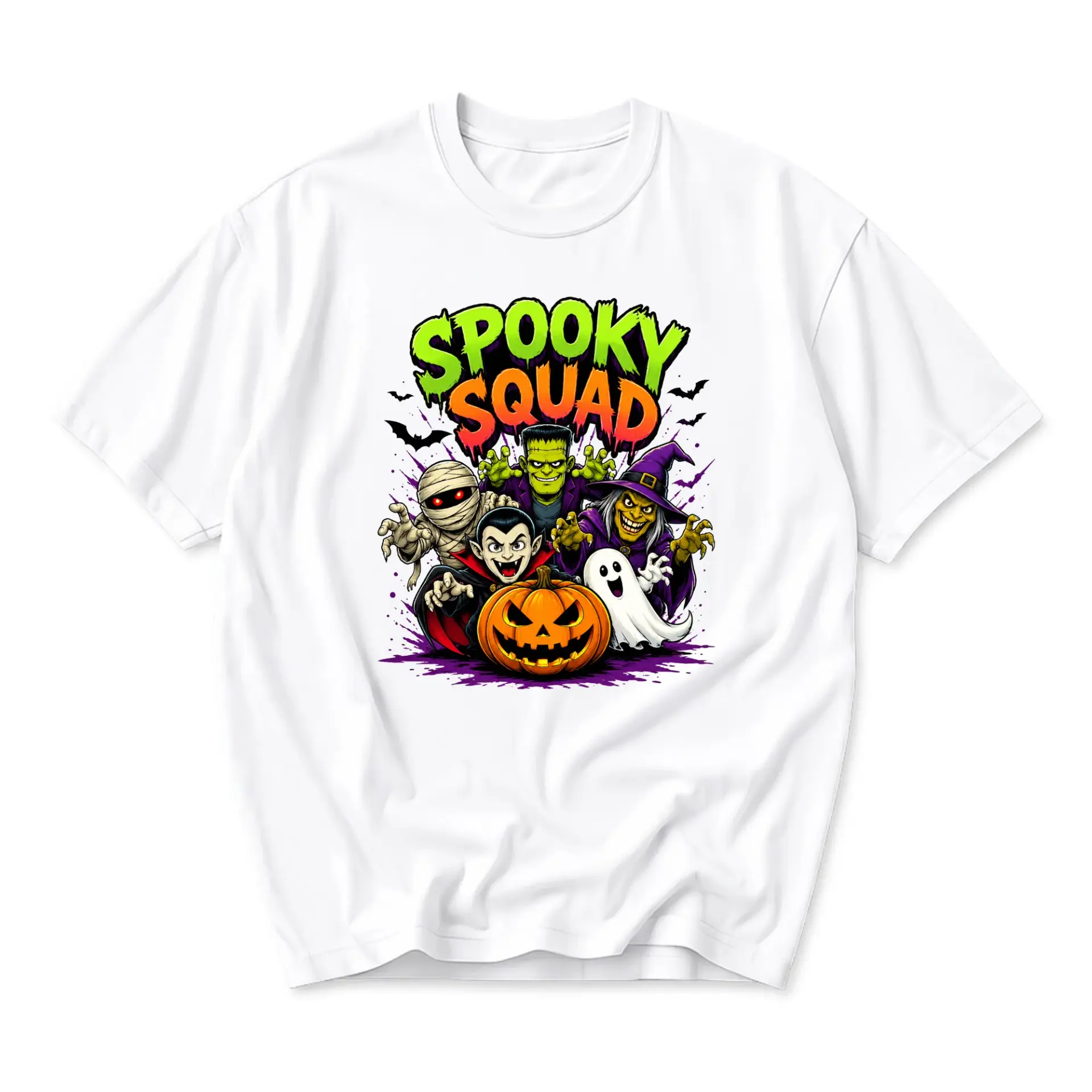 Graphic Tee Spooky Squad Halloween Illustration Unisex Crew Neck Short Sleeve Shirt for Casual Holiday Wear White