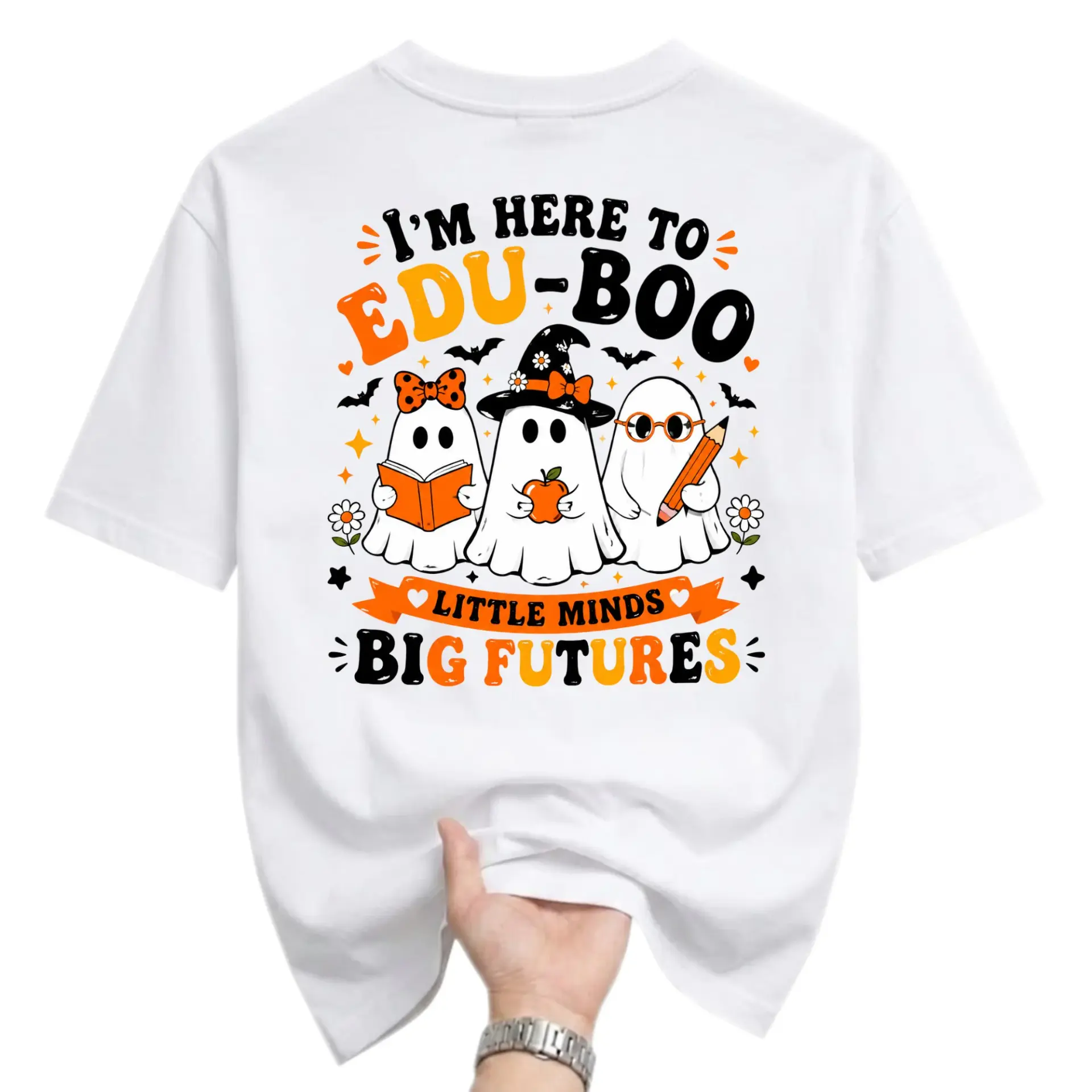 Funny Shirt Edu-Boo Little Minds Big Futures Graphic Tee Cute Spooky Ghost Design Unisex Casual Short Sleeve Crew Neck