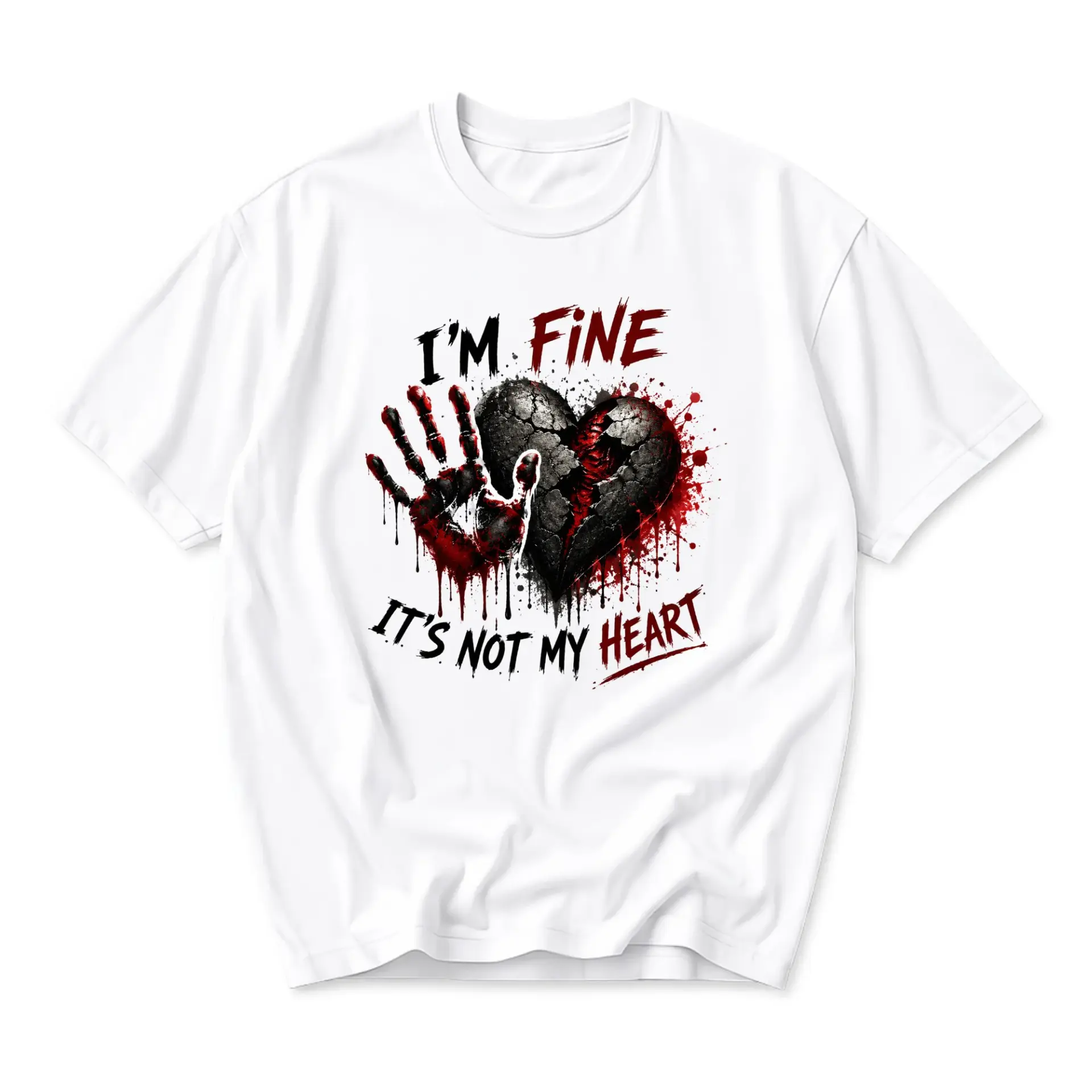 Funny Shirt I Am Fine It Is Not My Heart Graphic Tee Unisex Short Sleeve Crew Neck Casual Cotton Blend Apparel White