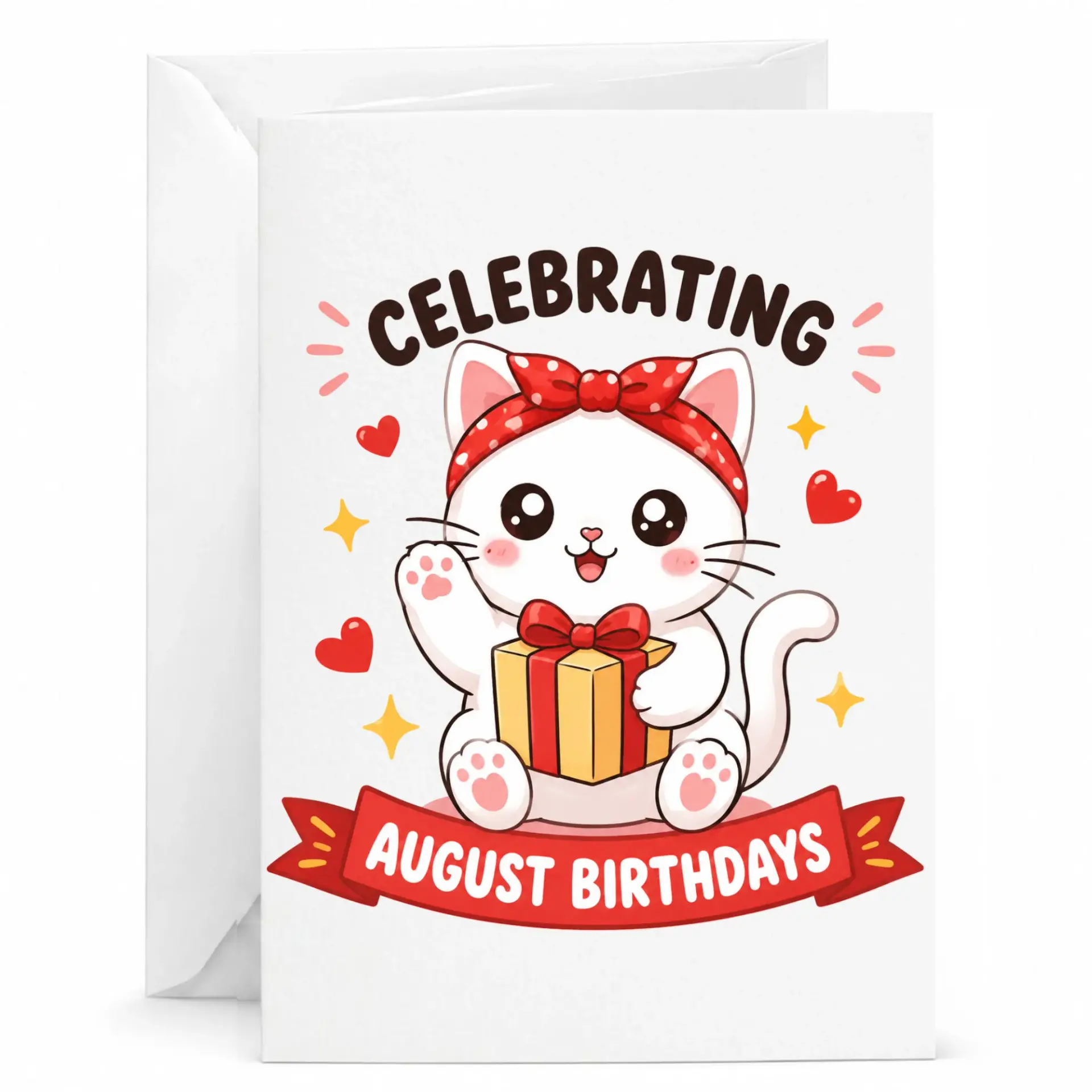 Birthday Card Celebrating August Birthdays with Cute Cat Holding a Gift Box Design Printed Greeting Card with Envelope