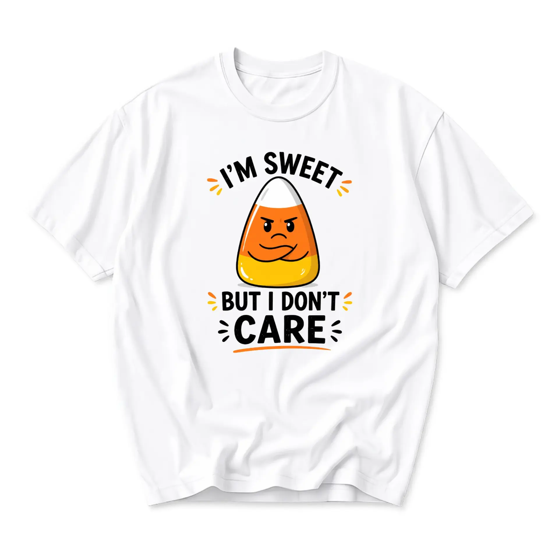 Funny Shirt I Am Sweet but I Don't Care Candy Corn Graphic Tee Unisex Casual Short Sleeve Cotton Blend Crew Neck Apparel