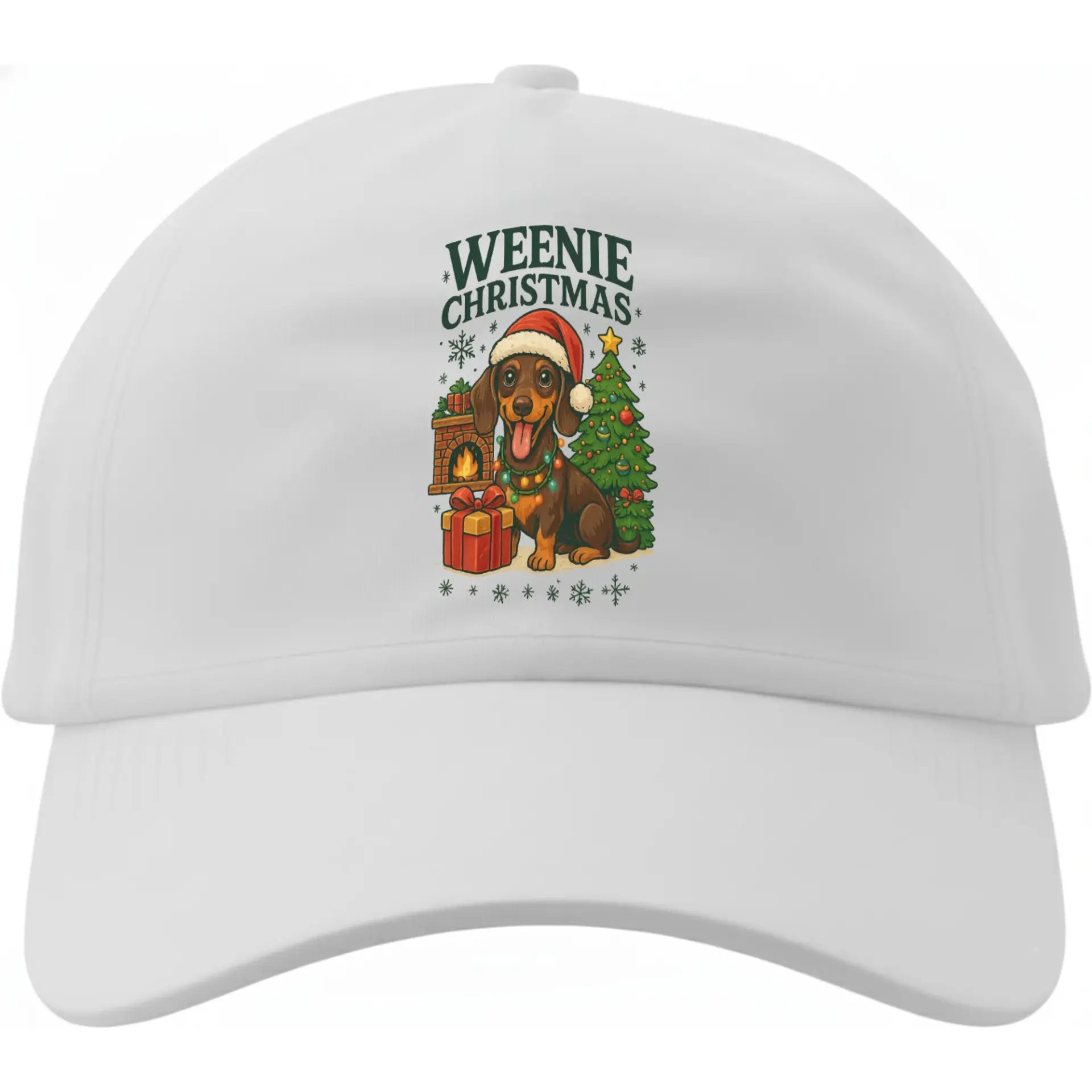 Baseball Cap Weenie Christmas Dachshund Holiday Print Hat Unisex Adjustable Low Profile Cotton Blend Dad Hat White