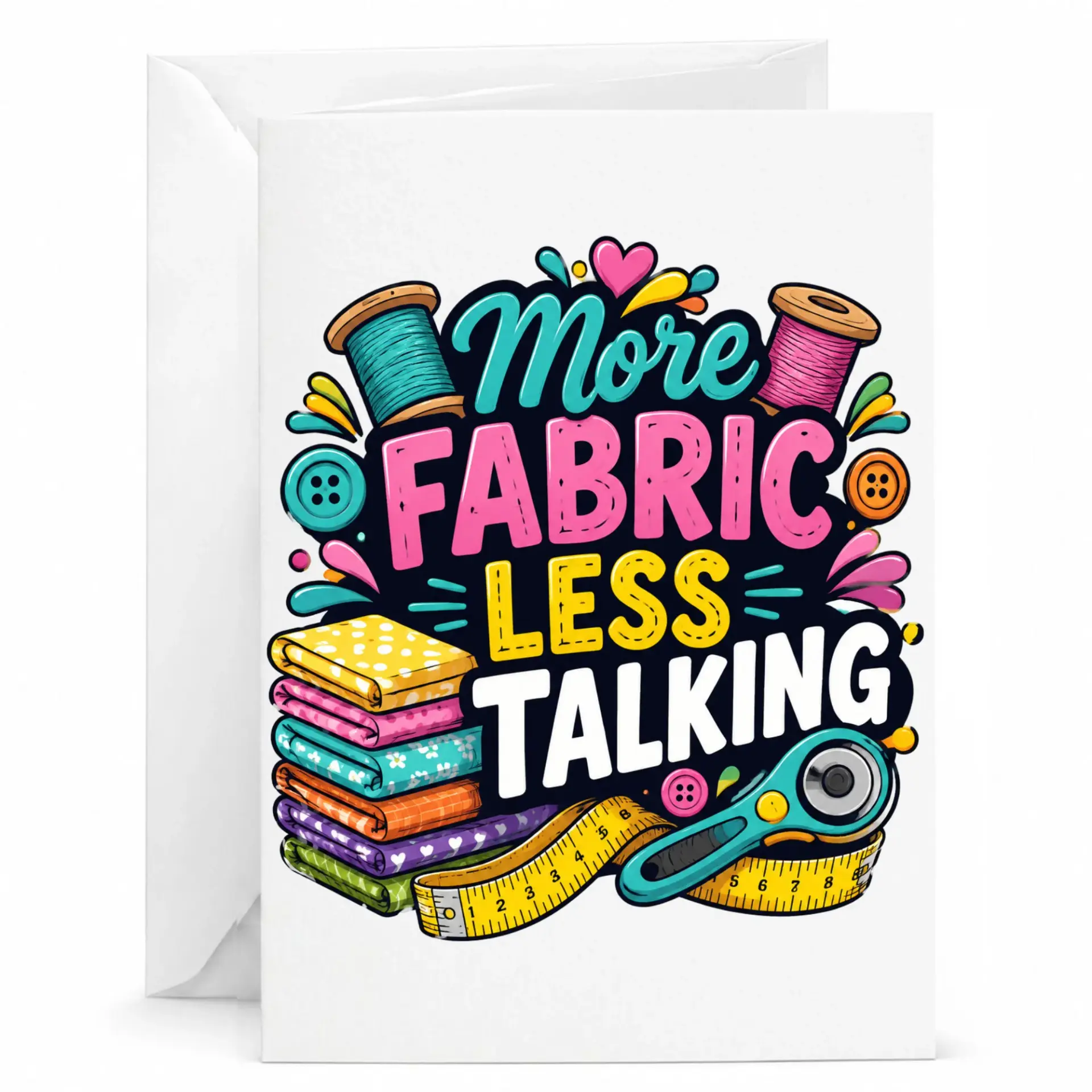 Funny Sewing Greeting Card More Fabric Less Talking for Quilters and Crafters Artisan Appreciation Note Card
