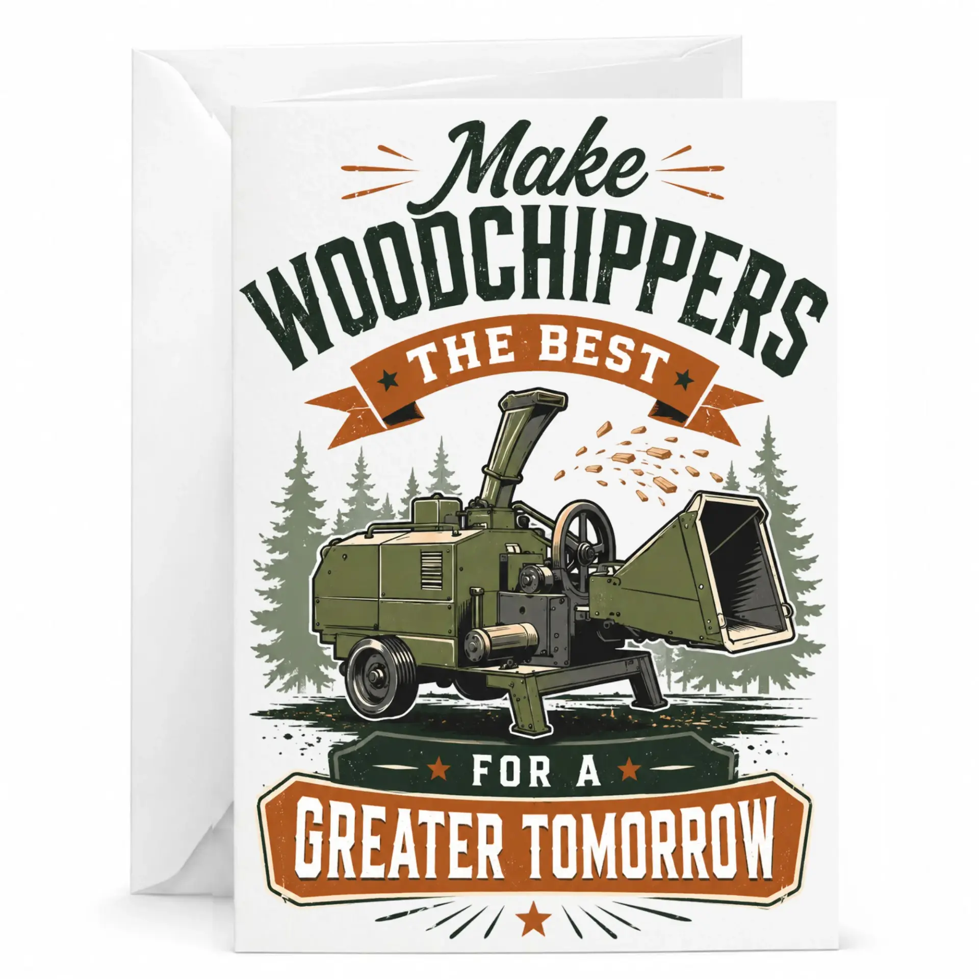 Funny Woodchipper Greeting Card for Men and Women Machinery Theme Stationery 5x7 Inches Folded