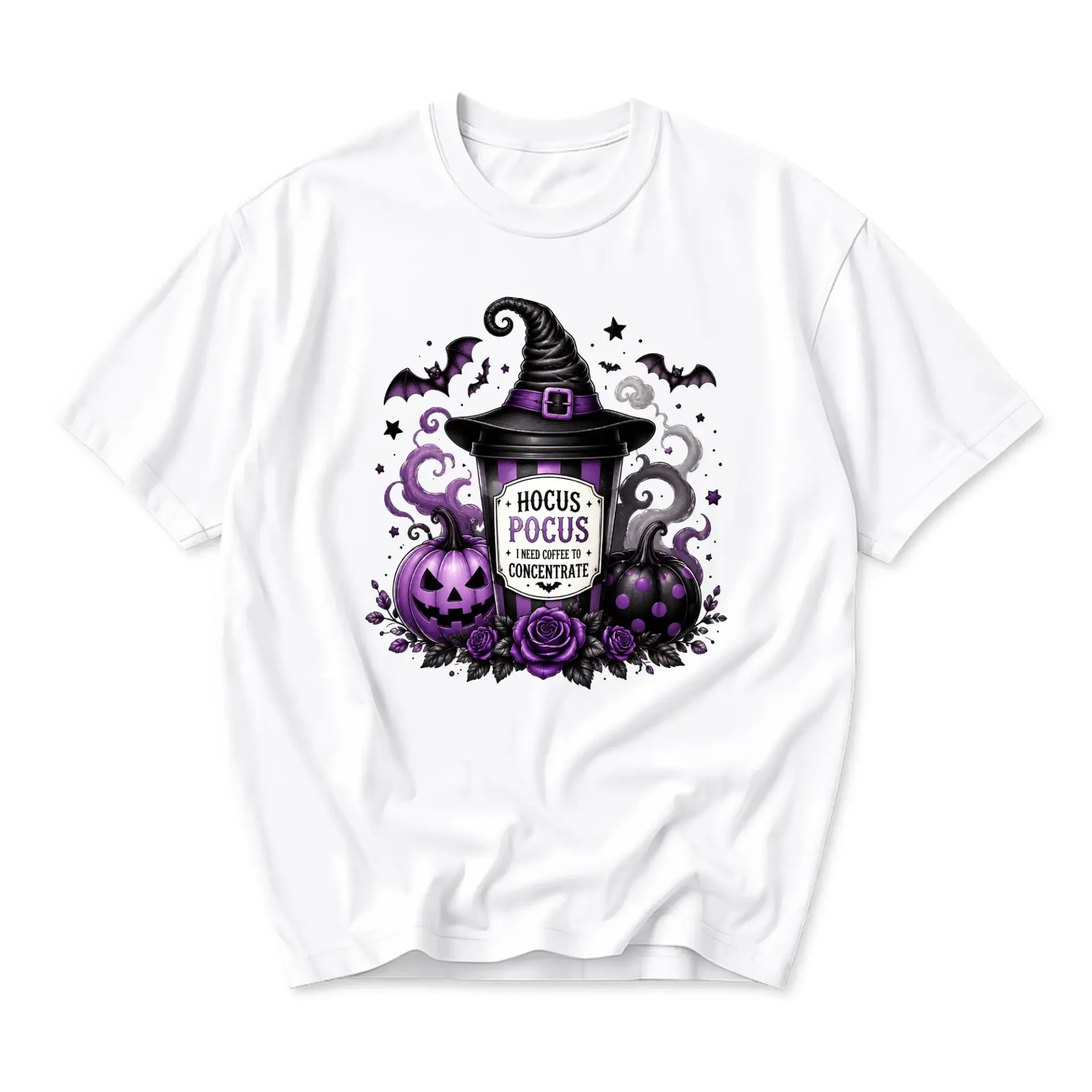 Graphic Tee Hocus Pocus Coffee Print Unisex Crew Neck Shirt for Casual Fall Apparel and Seasonal Holiday Outfits