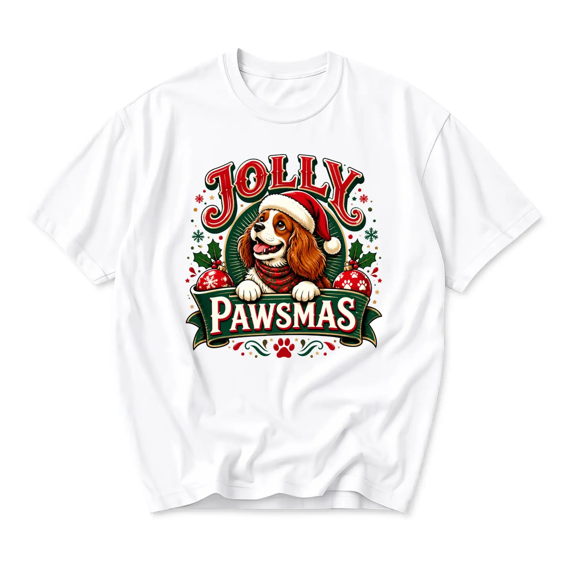 Funny Shirt Jolly Pawsmas Graphic Tee Featuring a Cute Holiday Puppy Wearing a Santa Hat for Seasonal Casual Wear