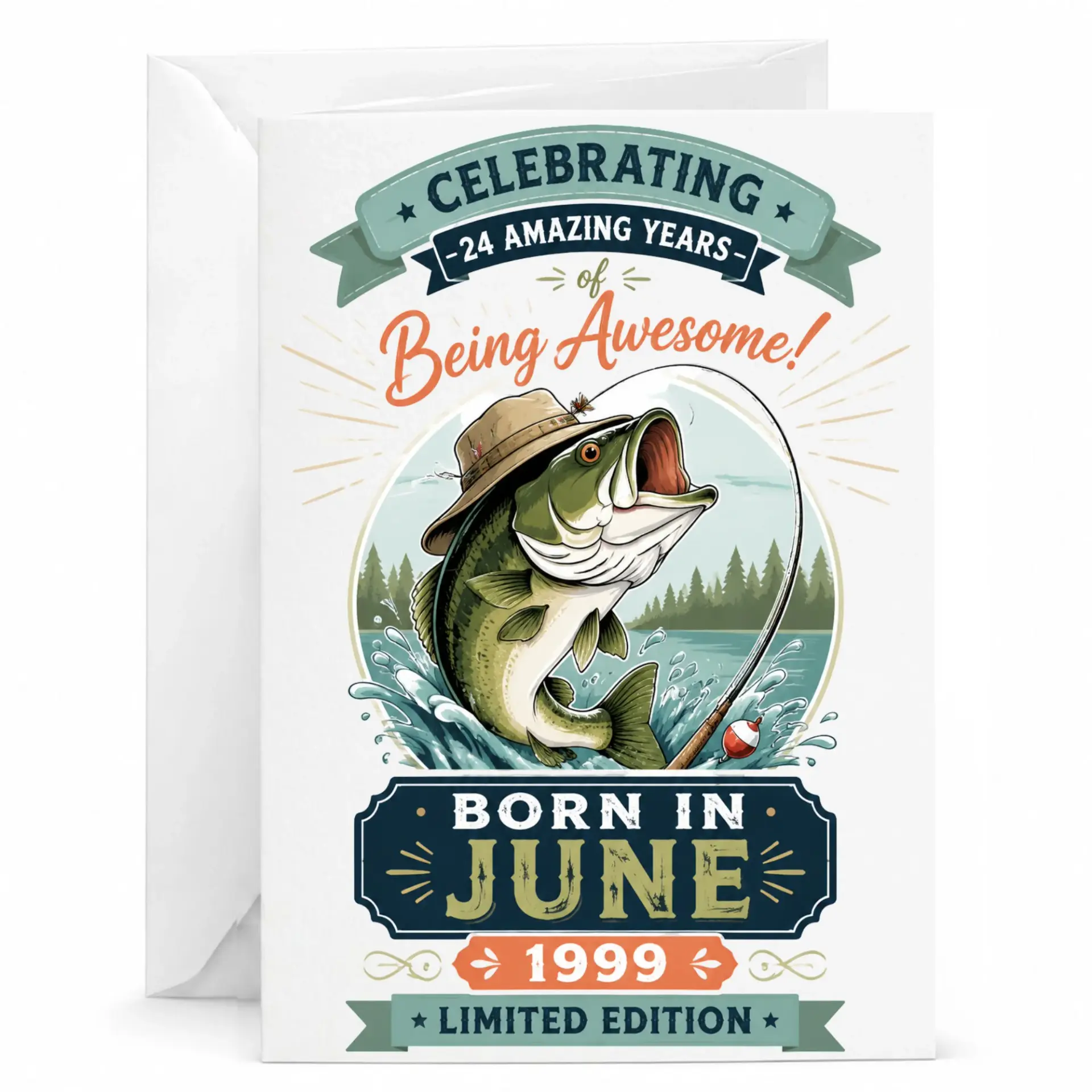 Birthday Card Celebrating 24 Amazing Years Being Awesome Fishing Theme Born in June 1999 Limited Edition Greeting Card