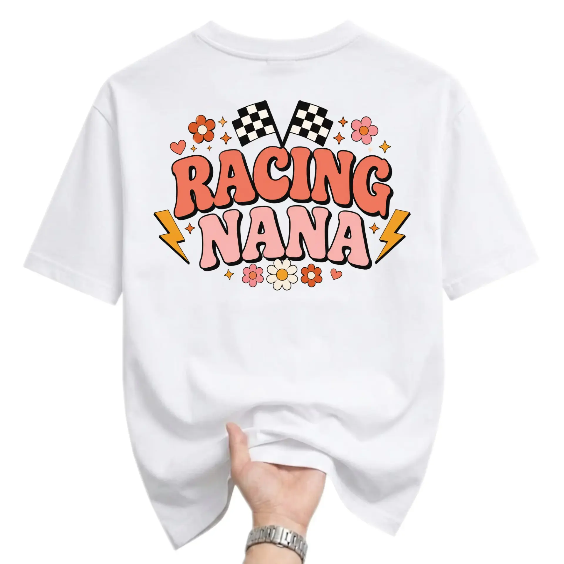 Funny Shirt Racing Nana Graphic Tee Retro Floral Checkered Flag Design Casual Unisex Cotton Crew Neck Top for Adults