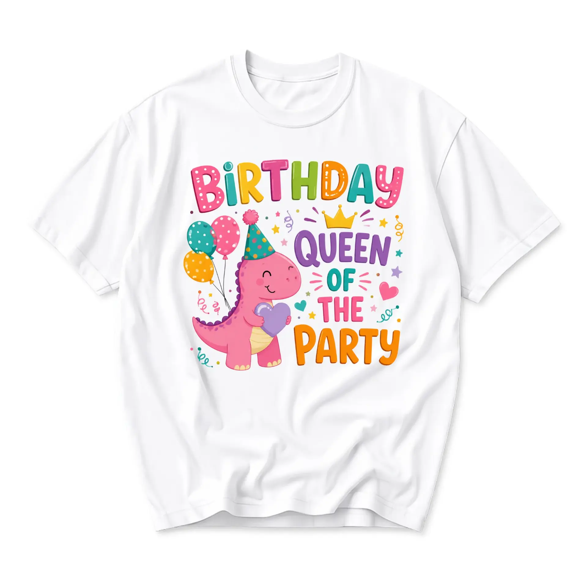 Graphic Tee Birthday Queen of the Party Dinosaur Illustration Unisex Cotton Crew Neck Casual Short Sleeve Shirt