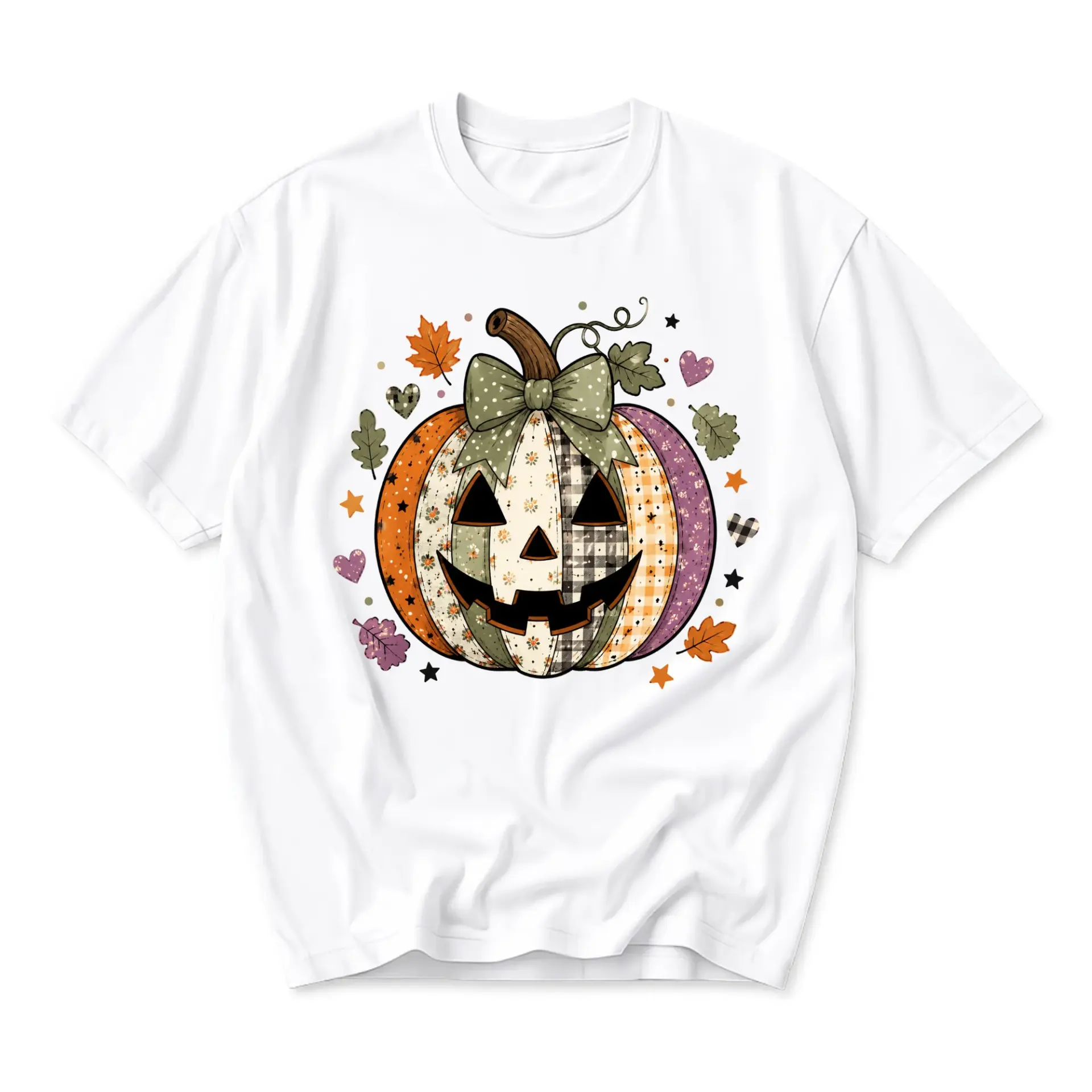 Graphic Tee Pumpkin Fall Autumn Patchwork Design Unisex Crew Neck Short Sleeve Shirt for Casual Daily Wear