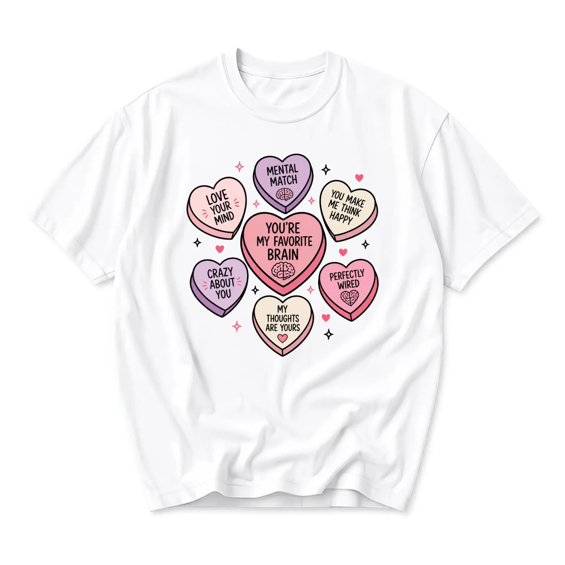 Graphic Tee You Are My Favorite Brain Conversation Hearts Print Casual Unisex Short Sleeve Crew Neck Cotton Shirt