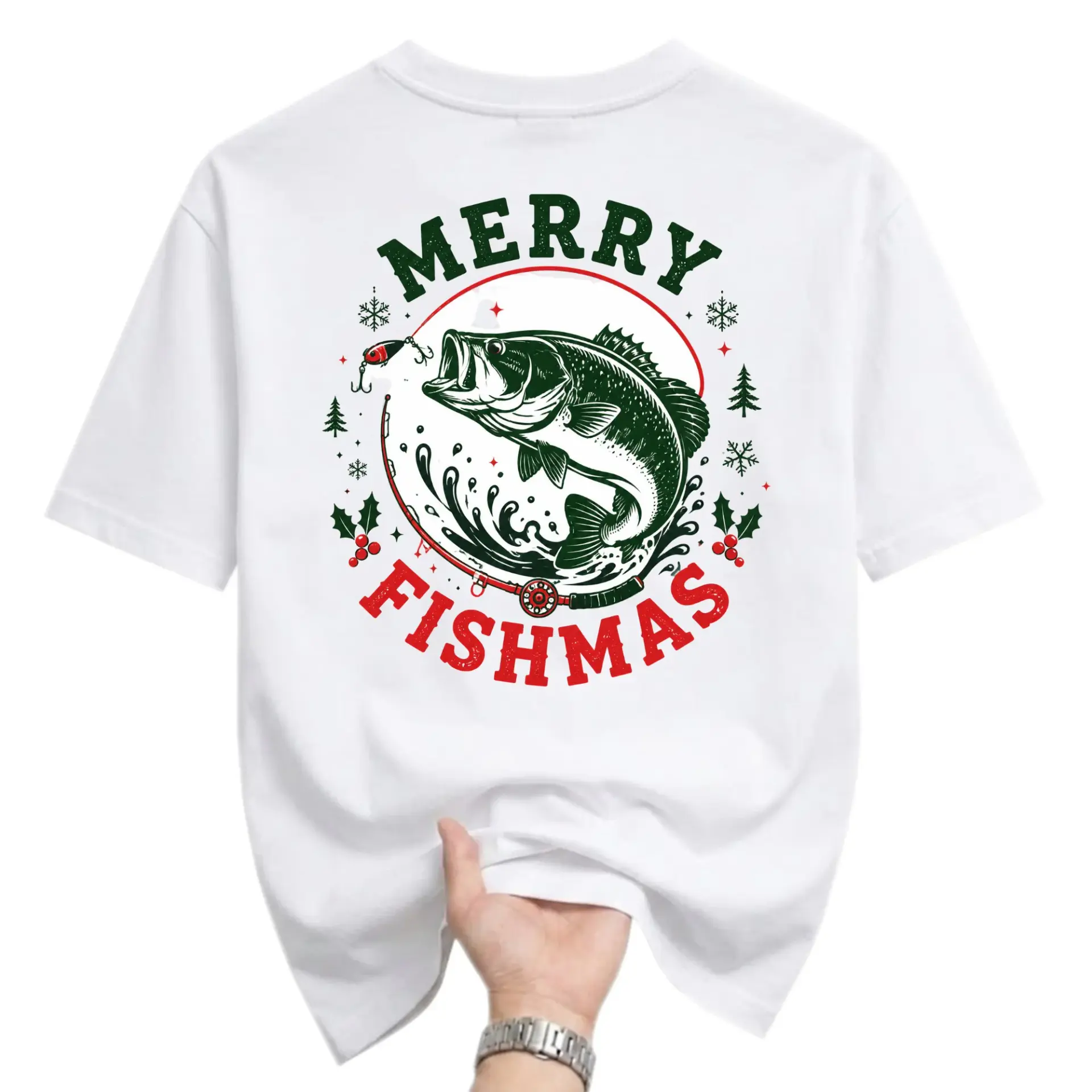 Funny Shirt Merry Fishmas Fishing Holiday Graphic Tee Casual Unisex Crew Neck Short Sleeve Cotton Apparel