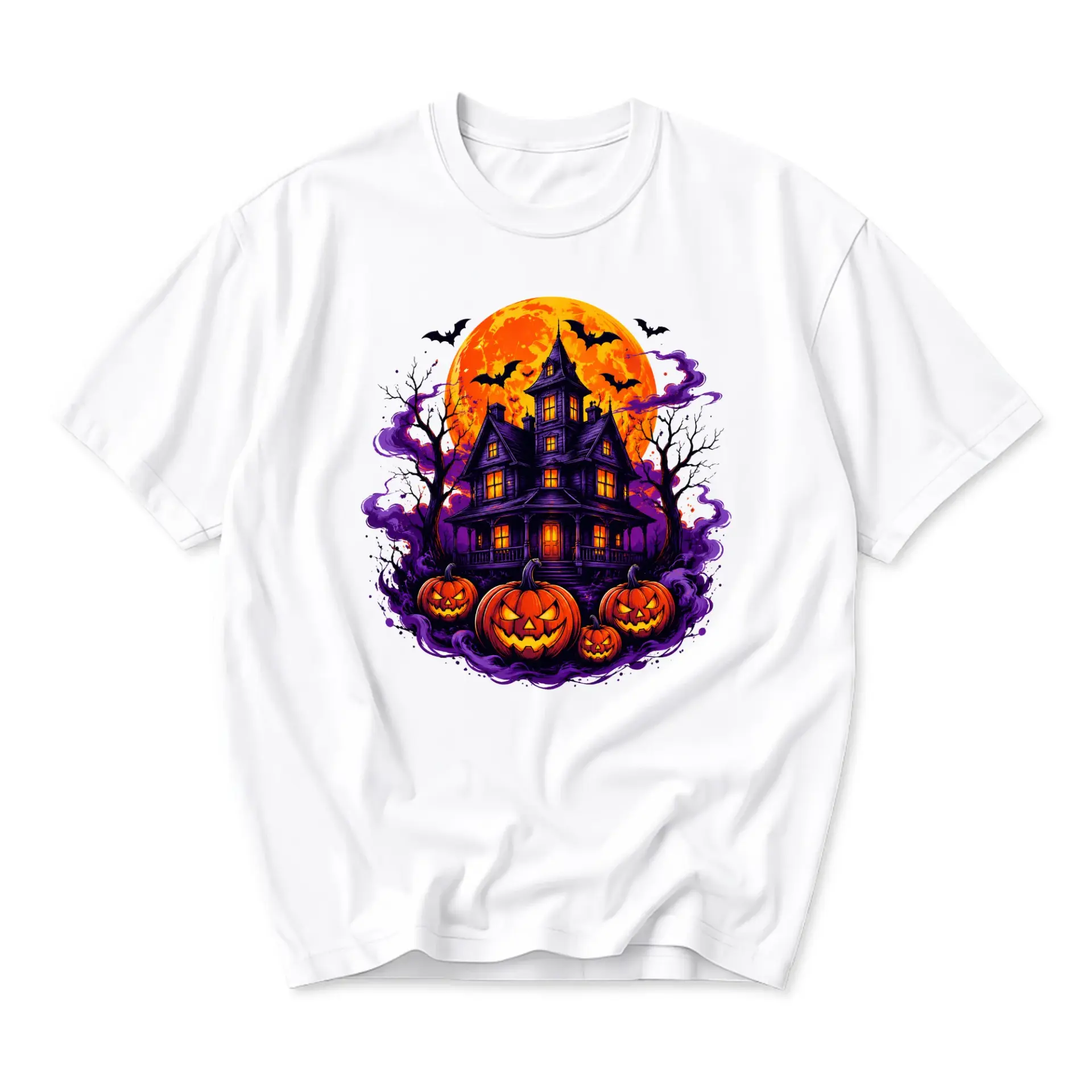 Graphic Tee Haunted House and Pumpkin Moon Halloween Design Unisex Crew Neck Short Sleeve Soft Cotton Casual T-Shirt