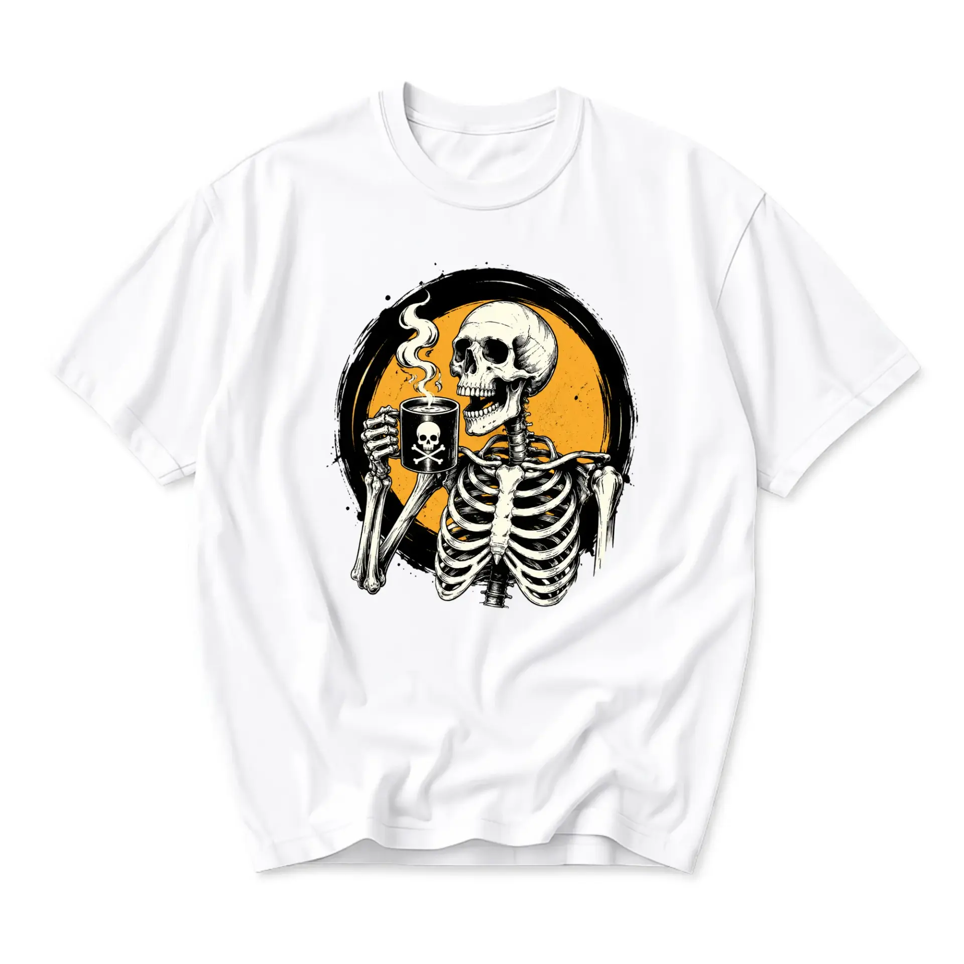 Graphic Tee Unisex Crew Neck T-Shirt Featuring Skeleton Drinking Coffee Design Casual Everyday Apparel for Adults
