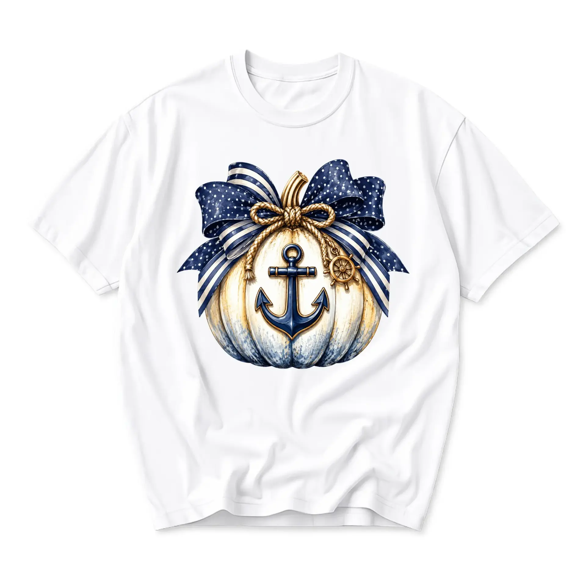 Graphic Tee Nautical Pumpkin Print T-Shirt Featuring Navy Blue Anchor and Polka Dot Bow Motif on White Casual Crew Neck