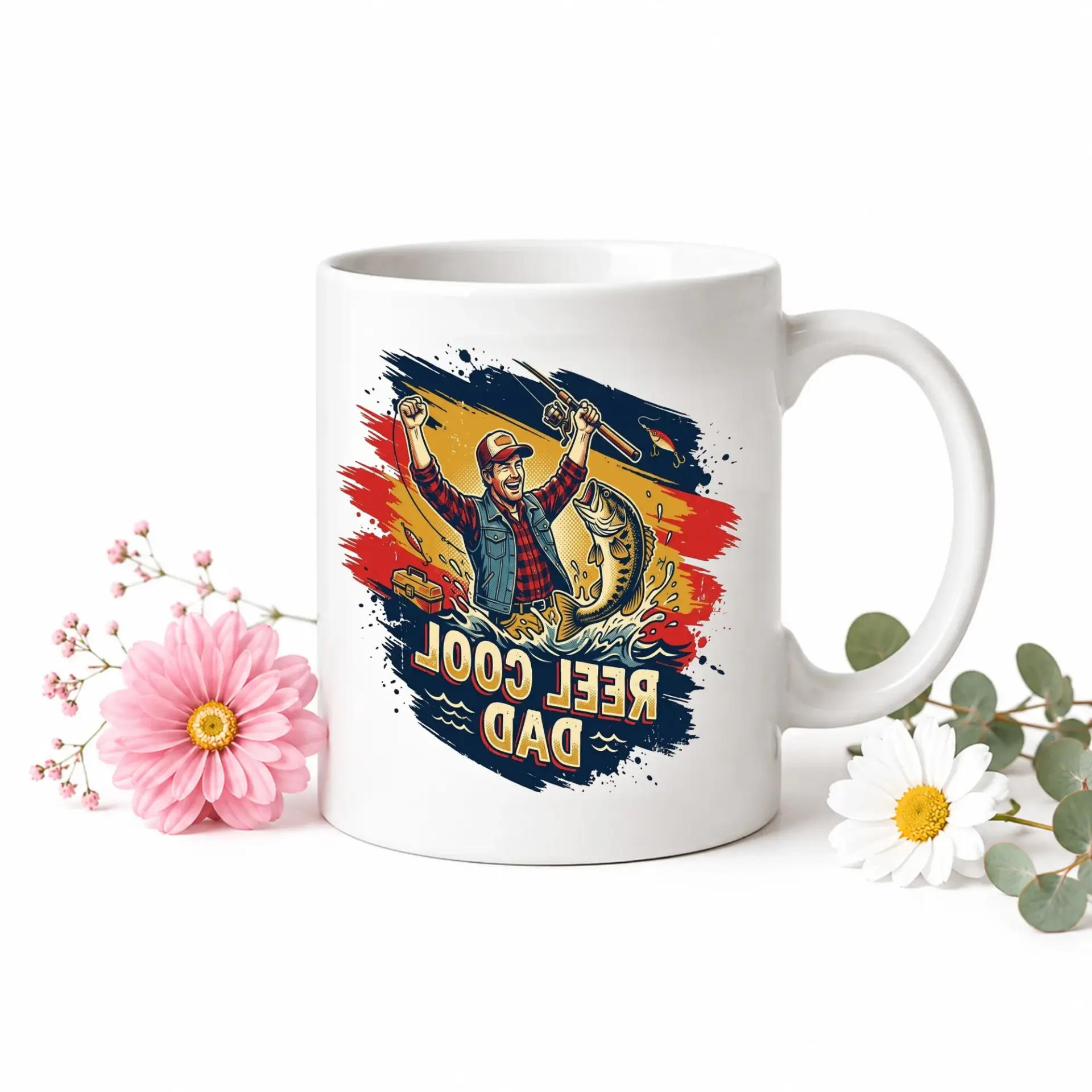 Fishing Themed Ceramic Coffee Mug Featuring Reel Cool Dad Design with Vibrant Artistic Graphic and Blue Contrast Handle