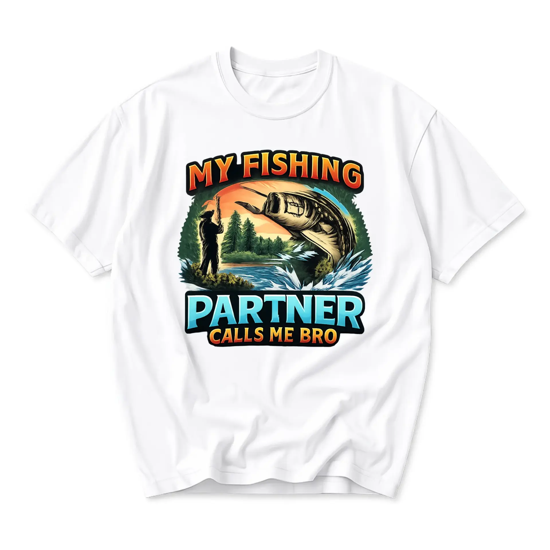 Funny Shirt My Fishing Partner Calls Me Bro Graphic Tee Unisex Crew Neck Casual Cotton Blend Sport Apparel White