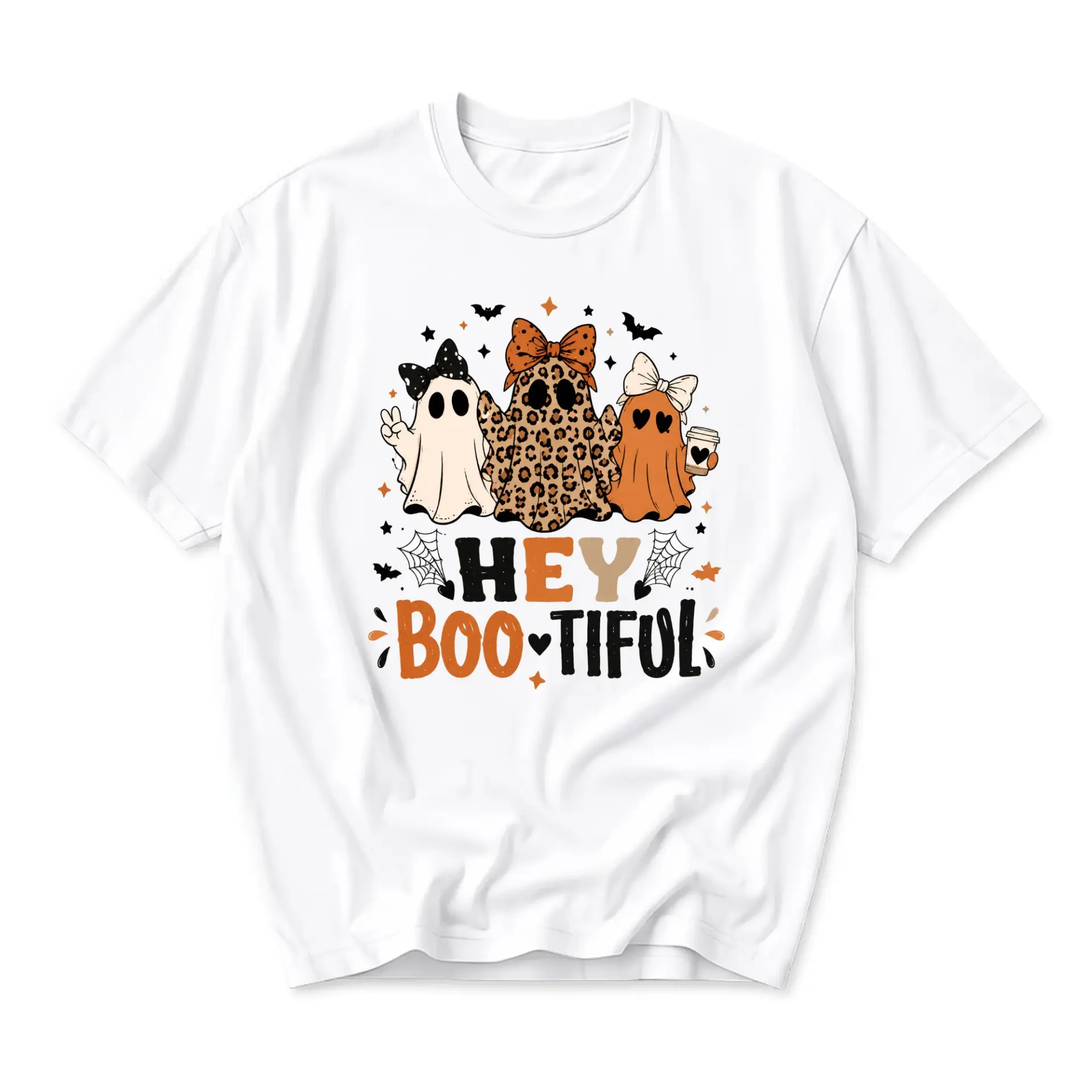 Graphic Tee Hey Boo-Tiful Ghost Shirt Cute Halloween Casual Crew Neck Unisex Apparel for Fall Seasonal Outfit