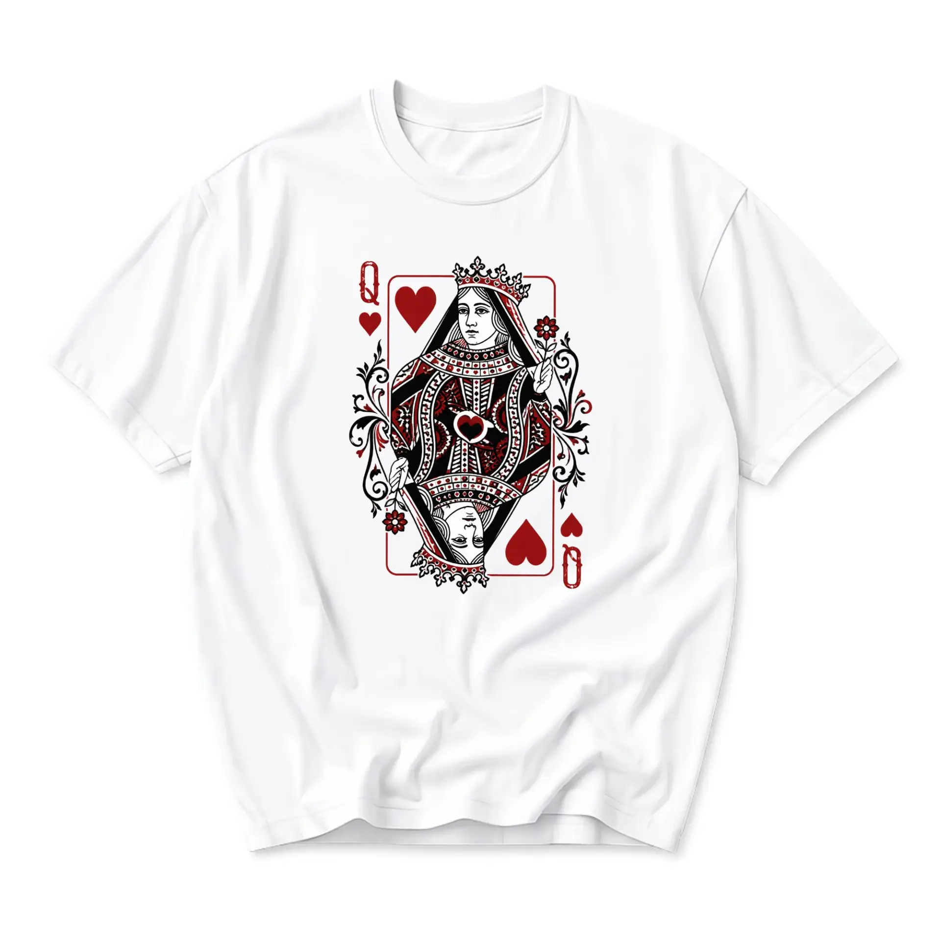 Graphic Tee Queen of Hearts Playing Card Design Unisex Casual Crew Neck T-Shirt for Everyday Style and Self Expression
