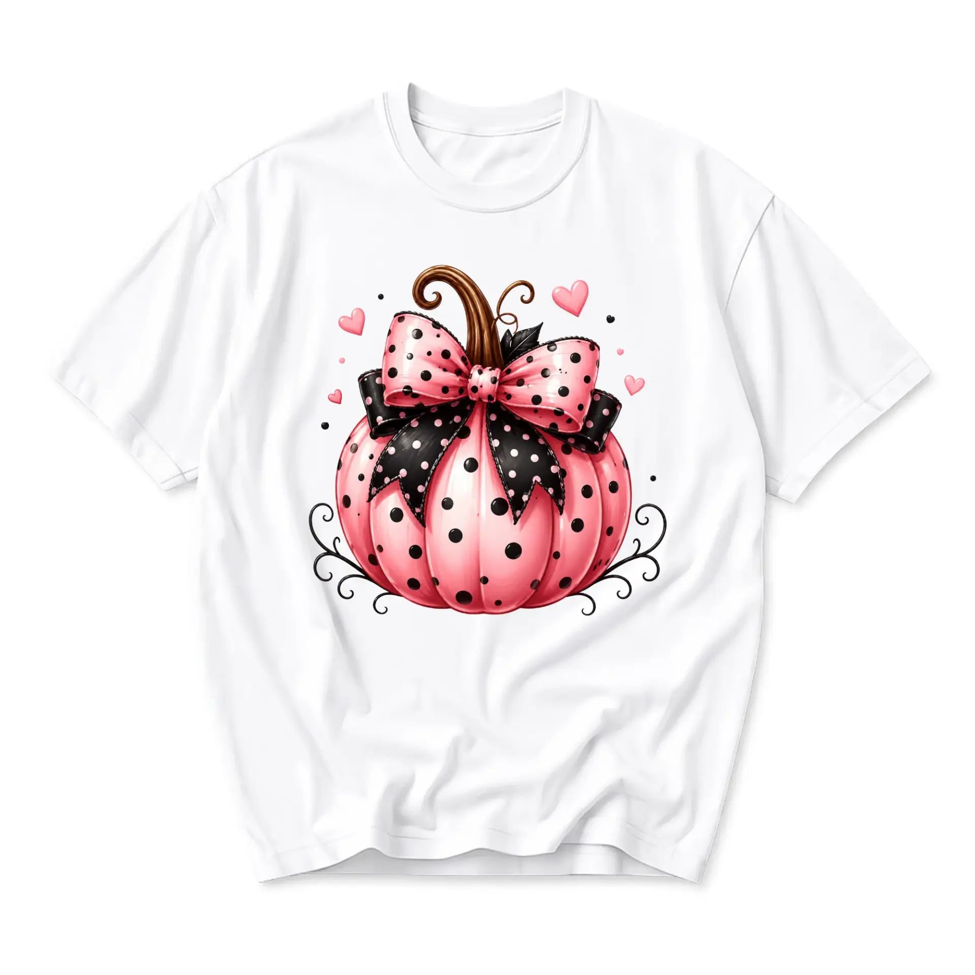 Graphic Tee Unisex Crew Neck T-Shirt Featuring Pink Polka Dot Pumpkin Illustration with Decorative Bows
