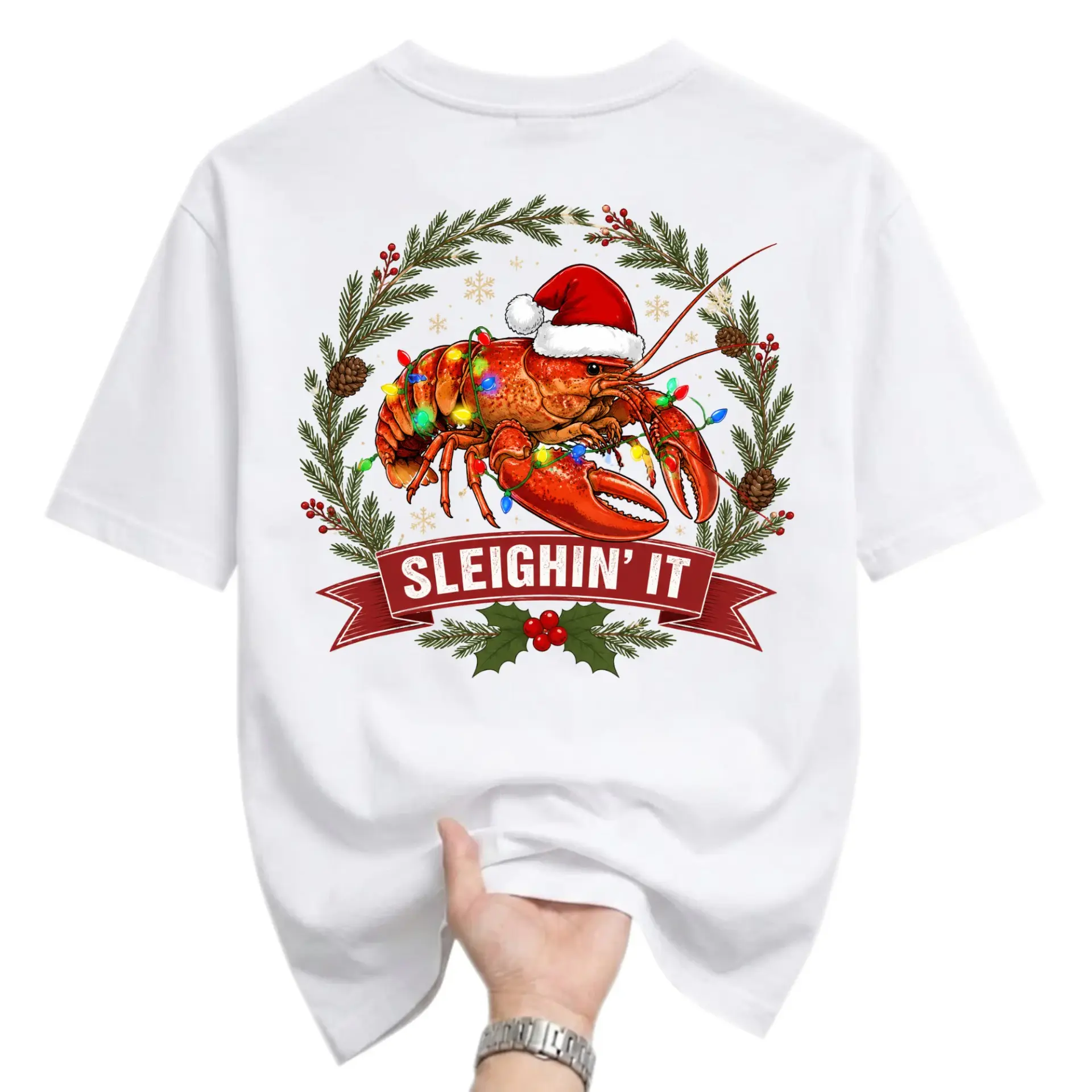 Funny Shirt Sleighin It Lobster Christmas Graphic Tee Unisex Casual Apparel Festive Holiday Crew Neck Short Sleeve Top