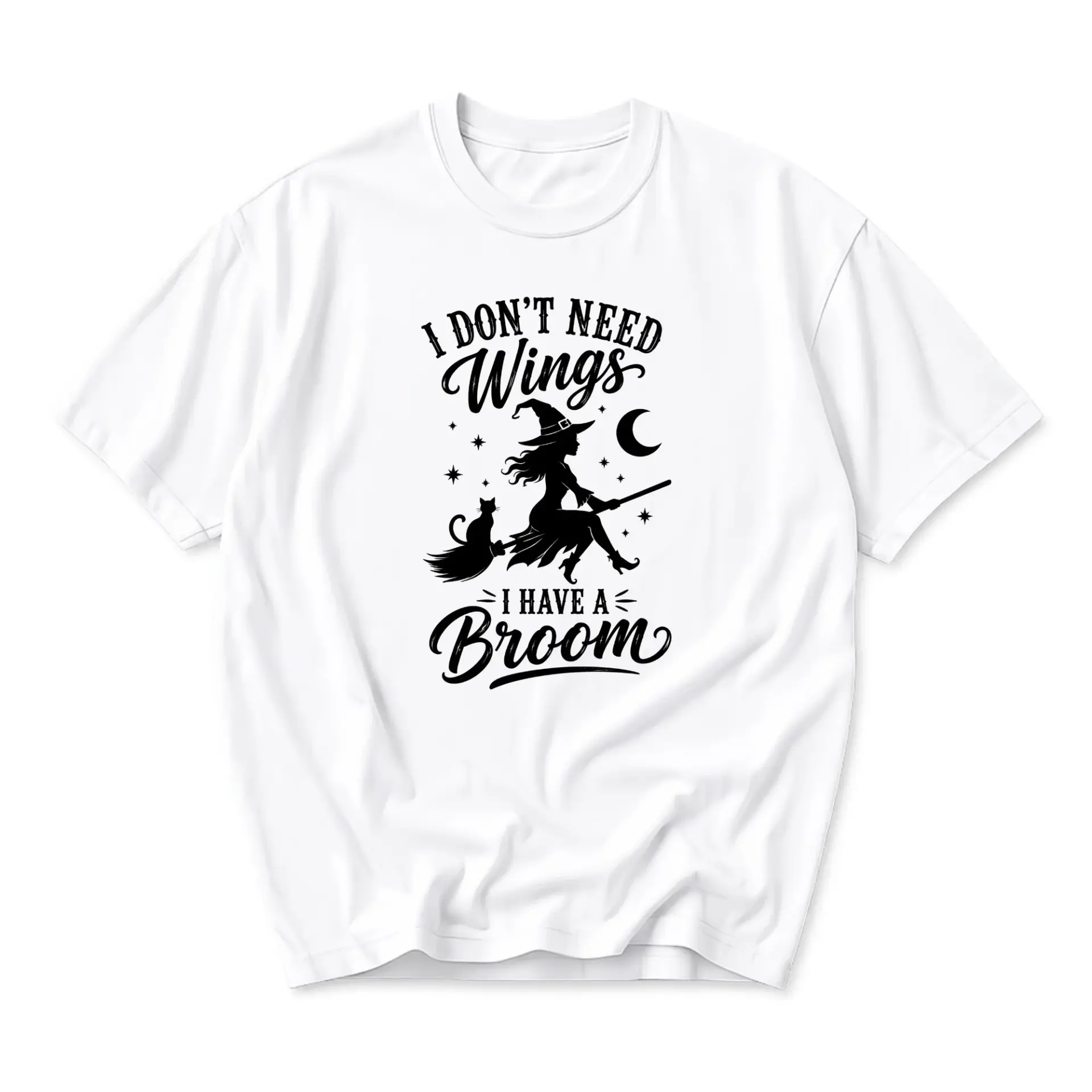 Funny Shirt I Don't Need Wings I Have a Broom Graphic Tee Unisex Casual Crew Neck Comfortable Cotton Blend T-Shirt