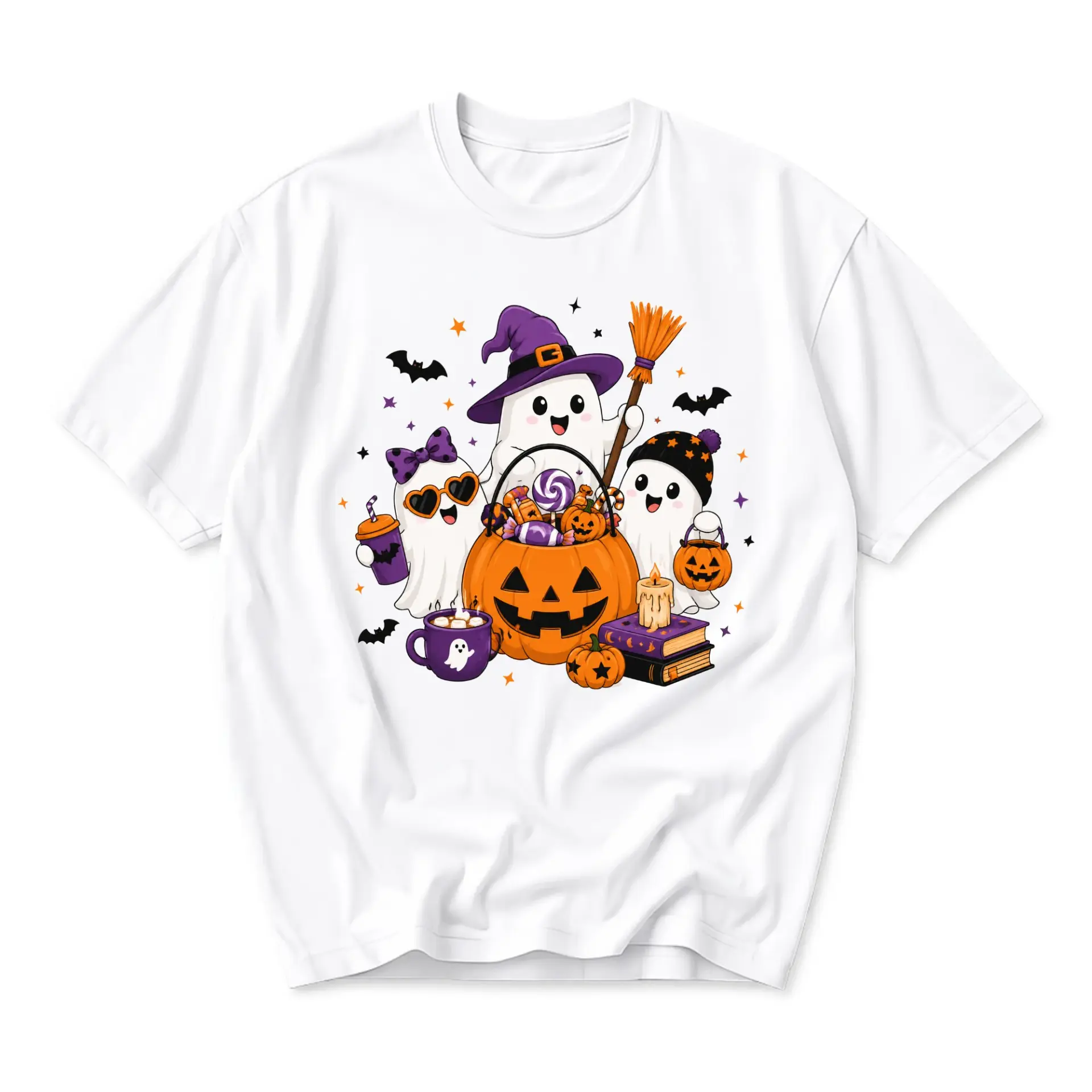 Graphic Tee Unisex Halloween Ghost Shirt Featuring Cute Spooky Characters with Pumpkins Candy and Witch Hats Apparel