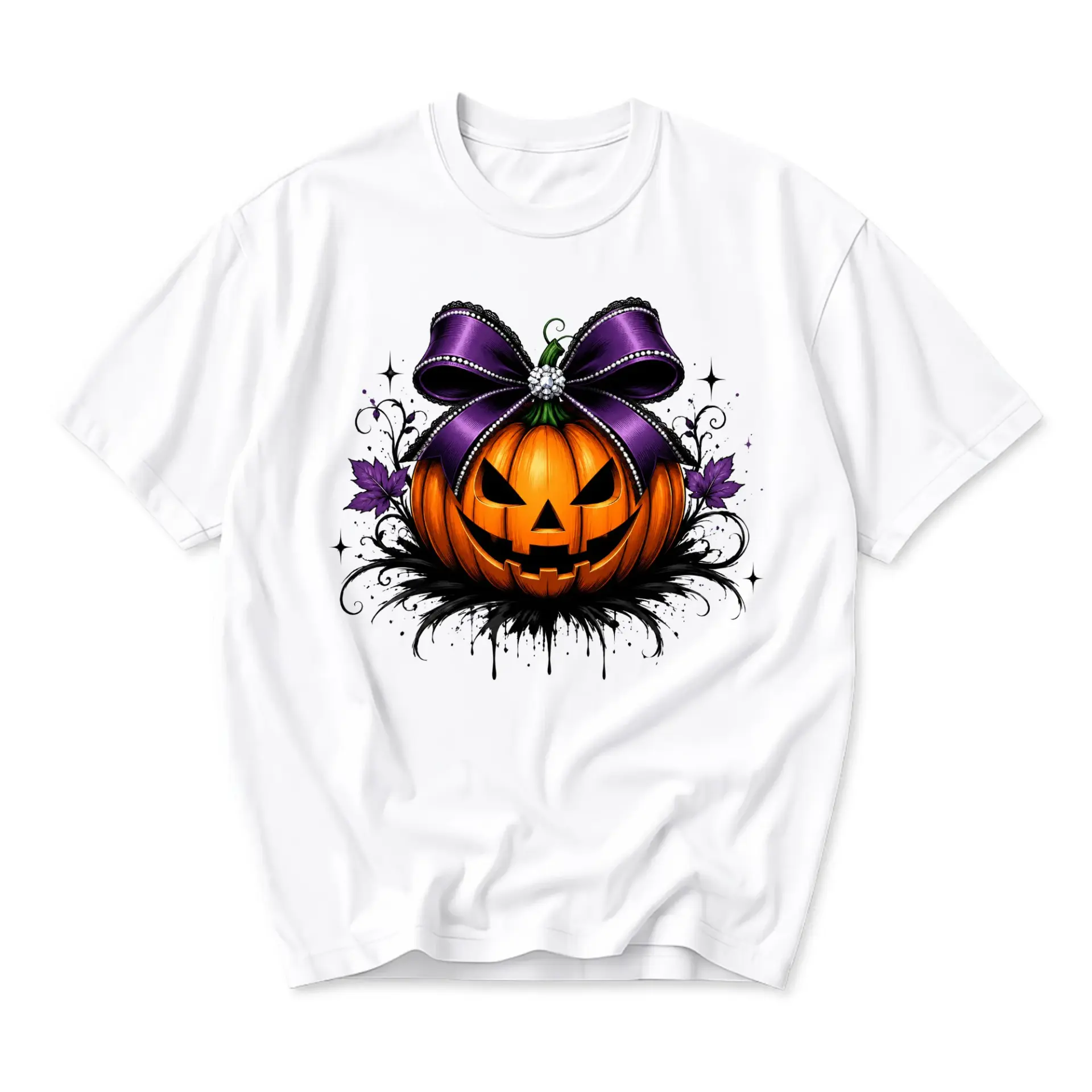 Graphic Tee Unisex Crew Neck T-Shirt Featuring Spooky Halloween Pumpkin with Decorative Purple Bow and Foliage