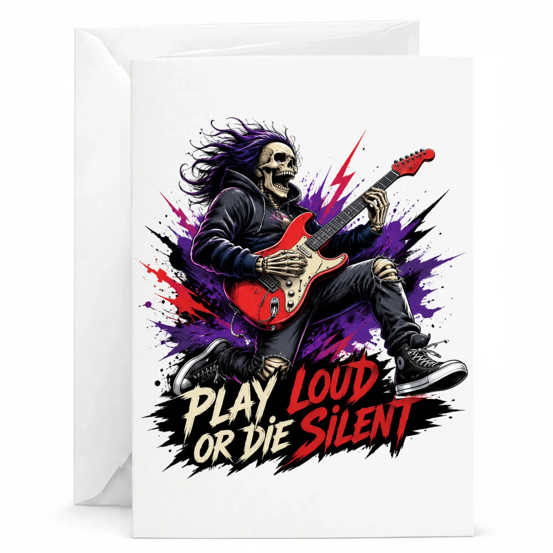 Greeting Card Featuring Skeleton Guitarist Play Loud or Die Silent
