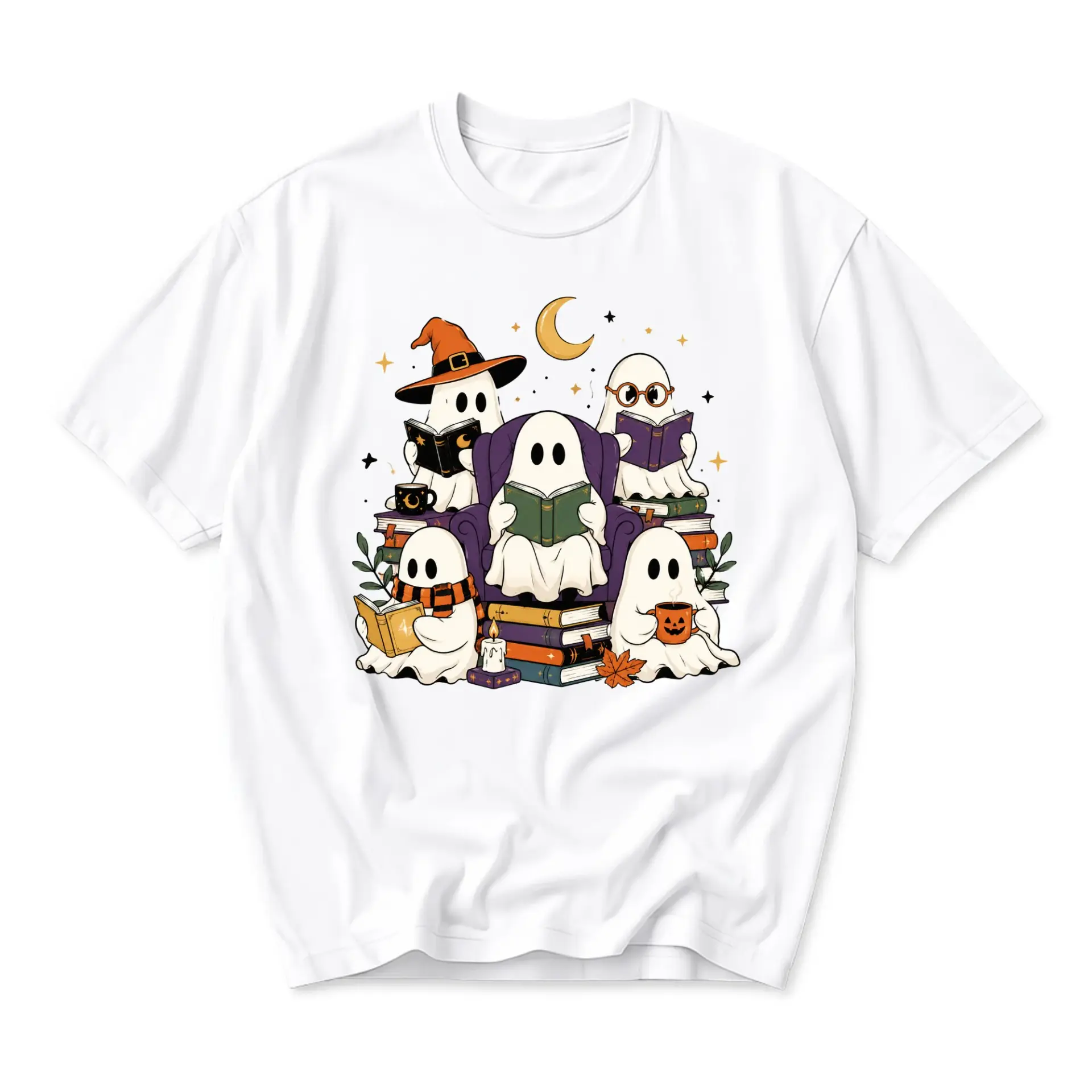Graphic Tee Ghost Book Club Shirt Reading Spirits Halloween Apparel Unisex Crew Neck Casual Cotton Blend Short Sleeve
