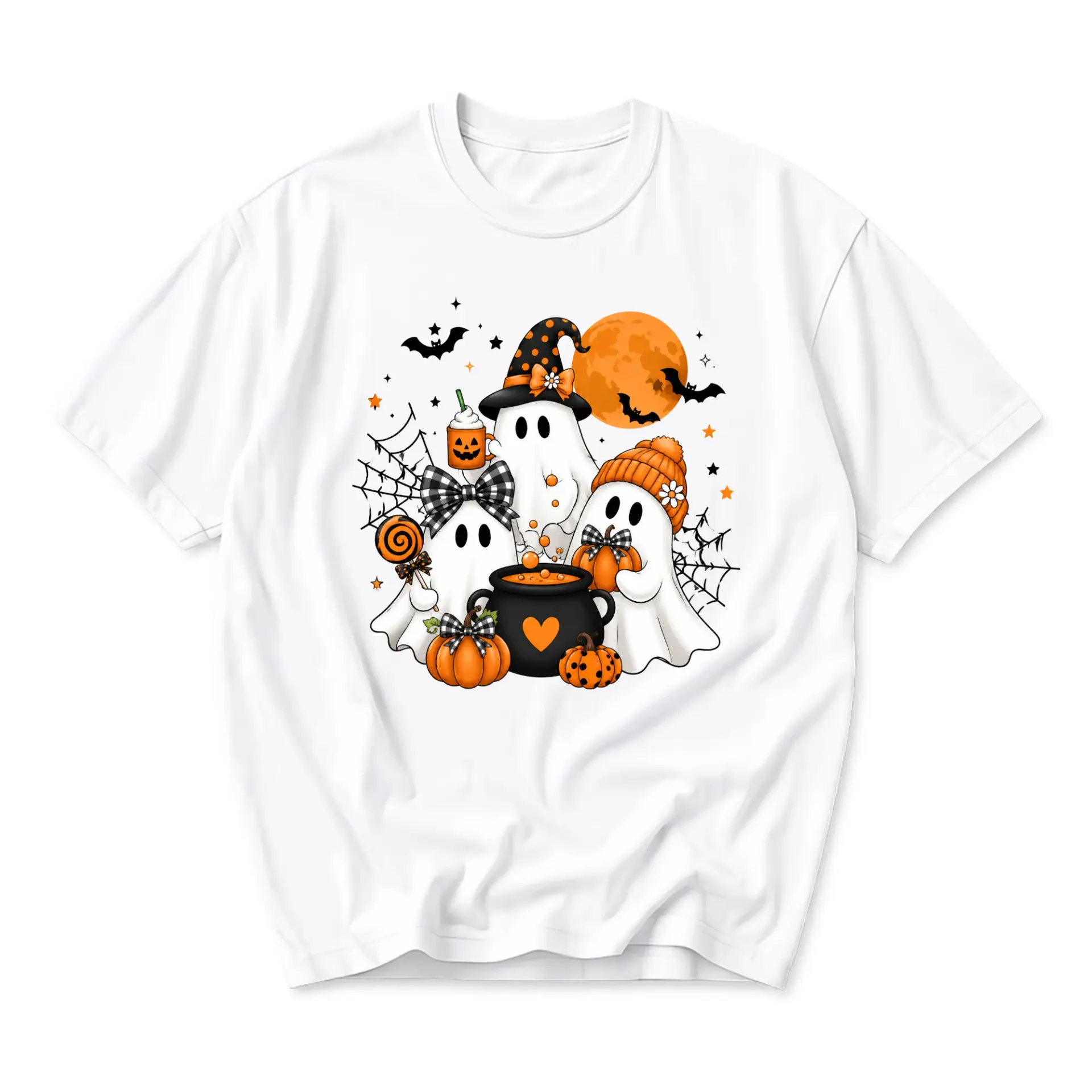 Graphic Tee Cute Halloween Ghosts with Pumpkins and Cauldron Unisex Crew Neck Casual Everyday Short Sleeve Shirt White