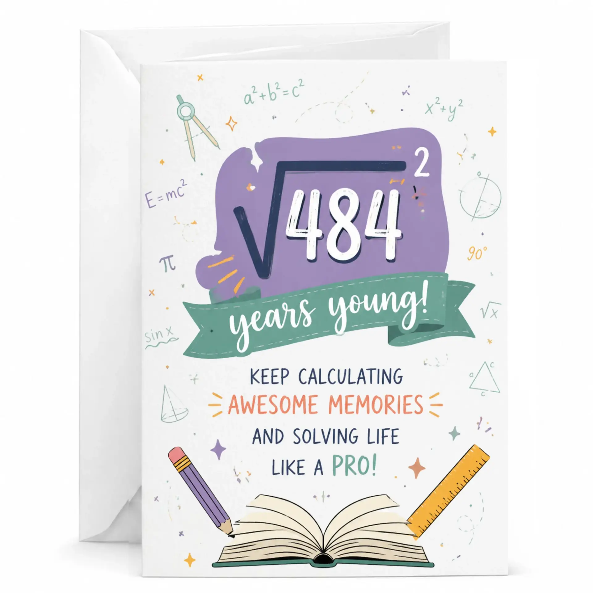 Funny Birthday Card Math Equation Joke Featuring Square Root of 484 Years Young Greeting Card with Matching Envelope