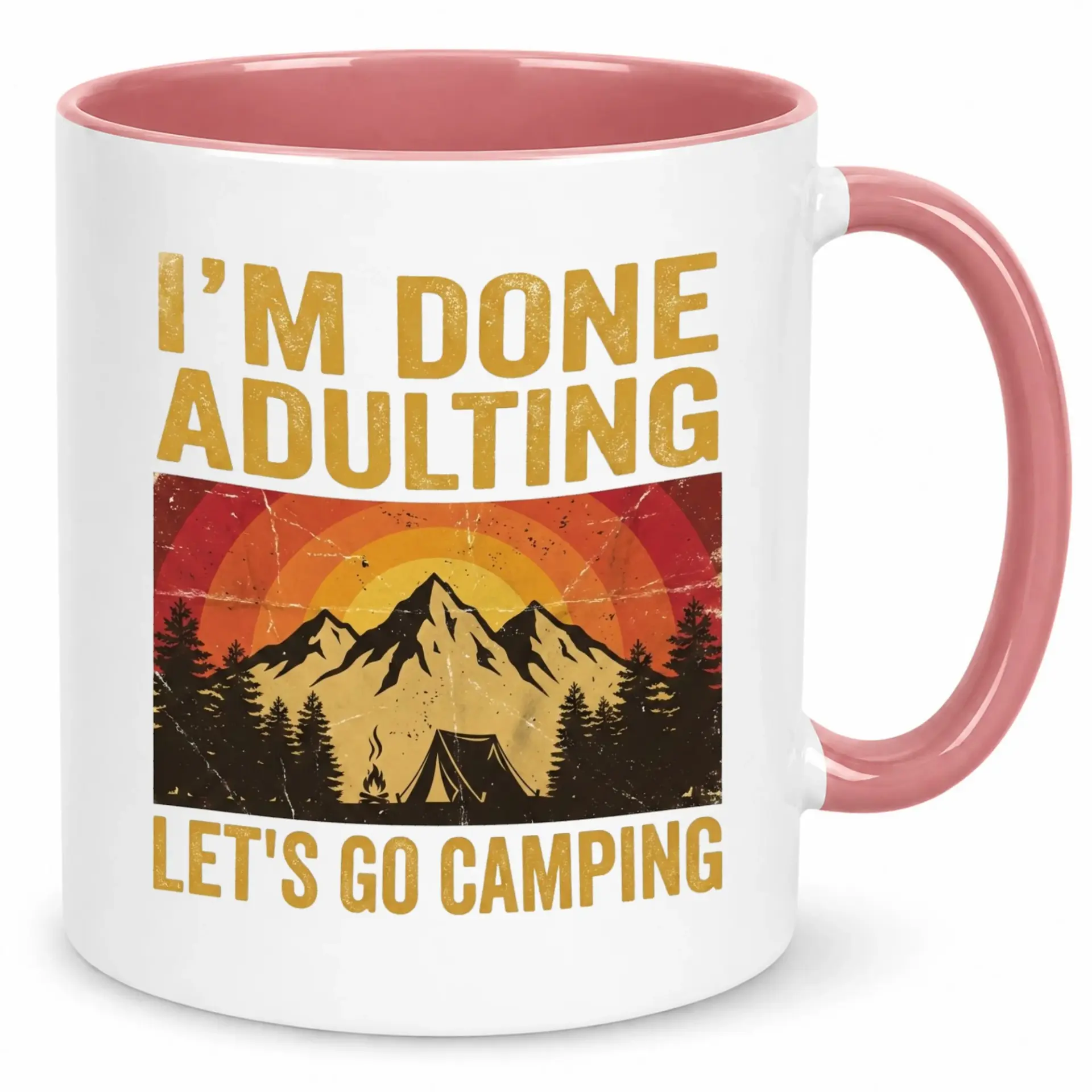 Funny Camping Ceramic Coffee Mug, 'i'm Done Adulting Let's Go Camping' Outdoor Adventure Drinkware, Mountains Sunset Design Gift
