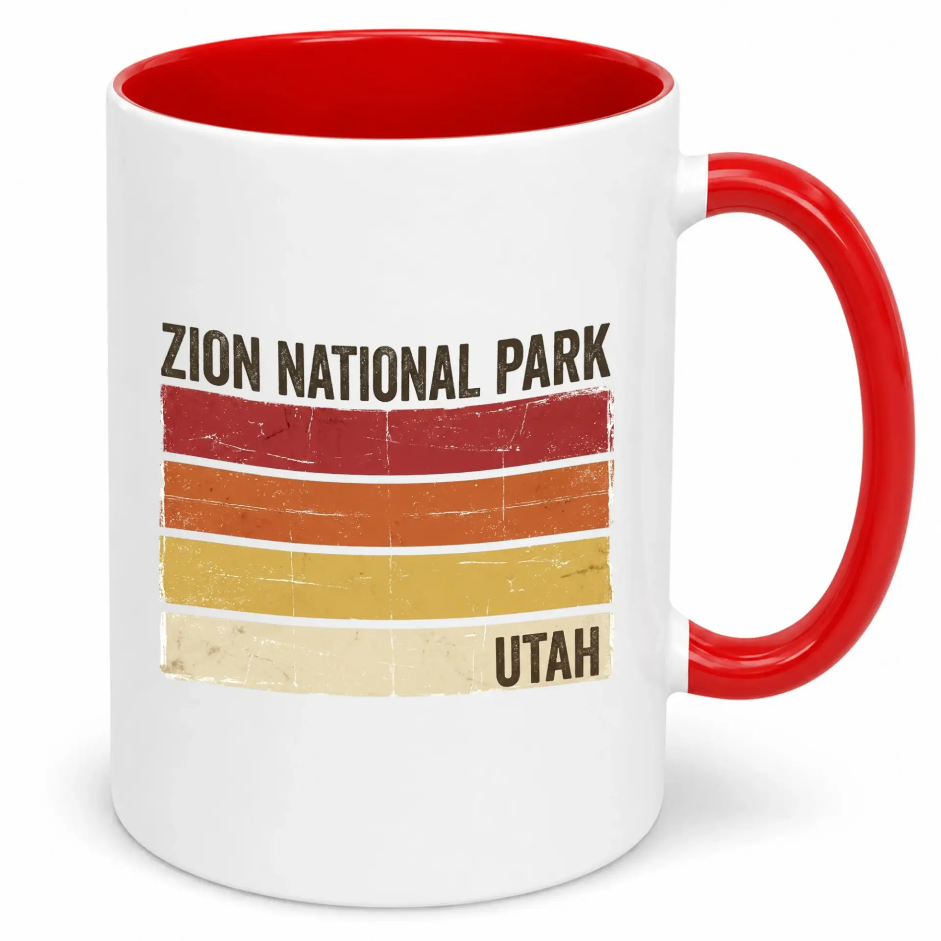 Zion National Park Utah Retro Sunset Stripe Travel Souvenir Ceramic Coffee Mug with Red Handle, 11oz or 15oz Beverage Cup
