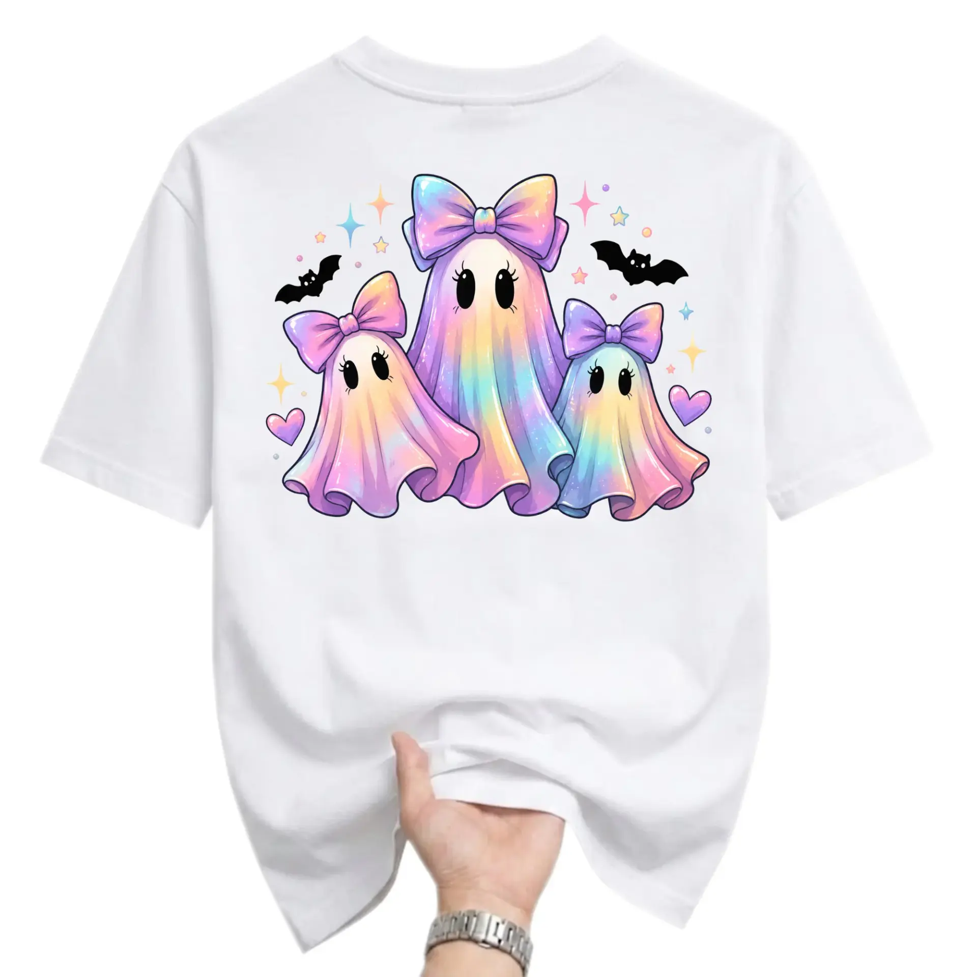 Graphic Tee Unisex Crew Neck Short Sleeve Shirt Featuring Pastel Rainbow Ghost Trio with Bows and Decorative Hearts