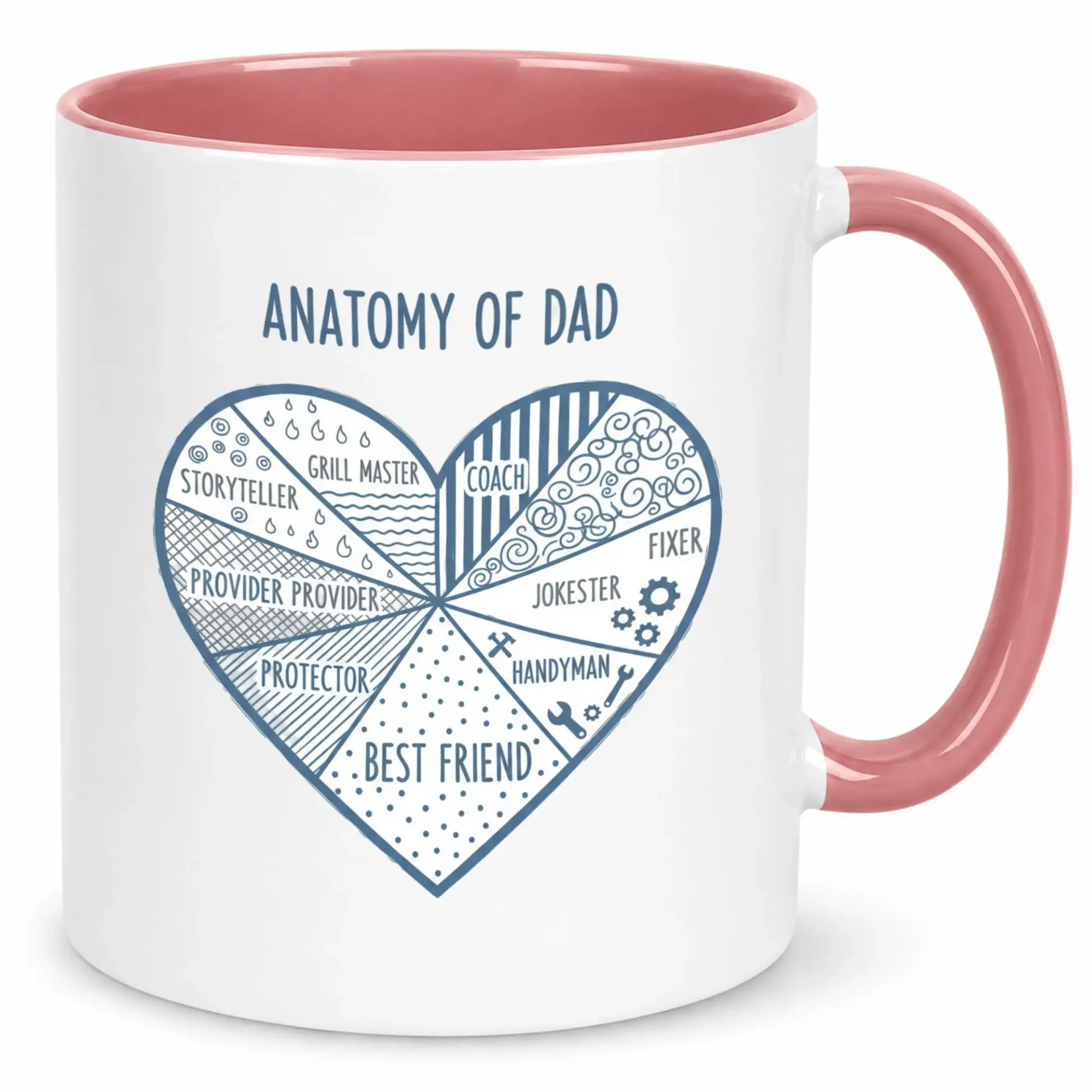 Funny Dad Anatomy Heart Diagram Ceramic Coffee Mug for Men Unique Father's Day Birthday Gift Idea Best Ever 11oz Pink Handle Cup