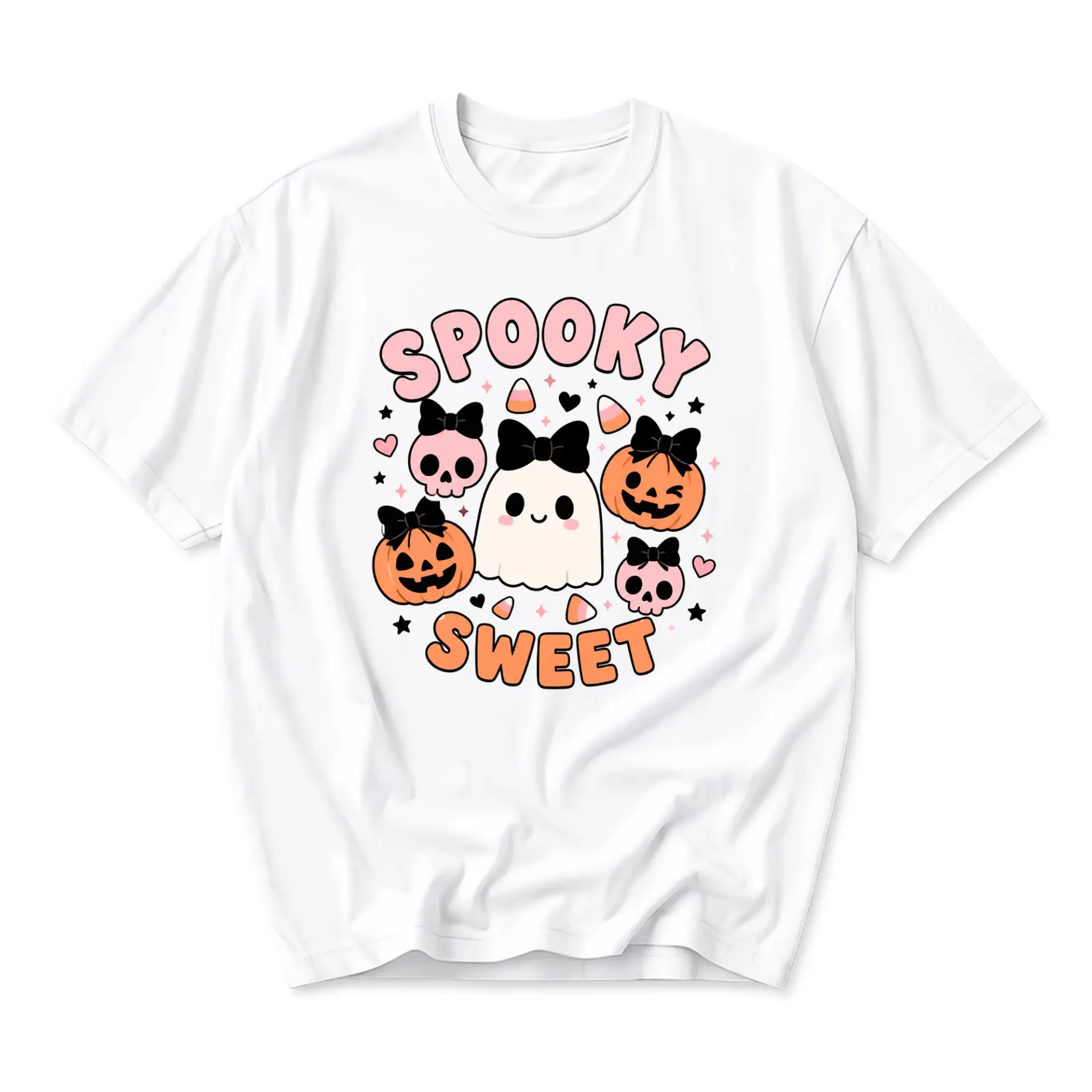 Graphic Tee Spooky Sweet Halloween Ghost Pumpkin Print Unisex Crew Neck Shirt for Casual Everyday Wear and Holidays